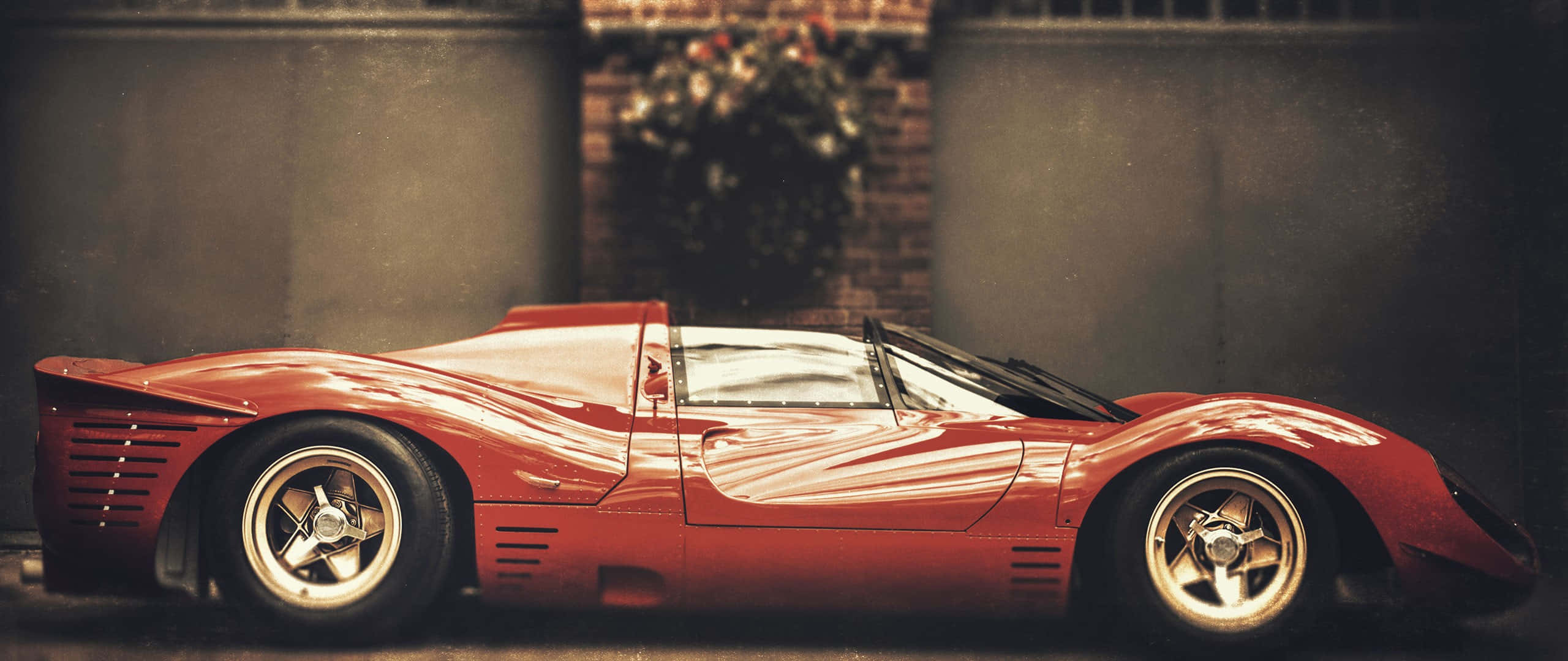 Classic Ferrari, sleek red vintage race car, white stripes, 2K Desktop Wallpaper
