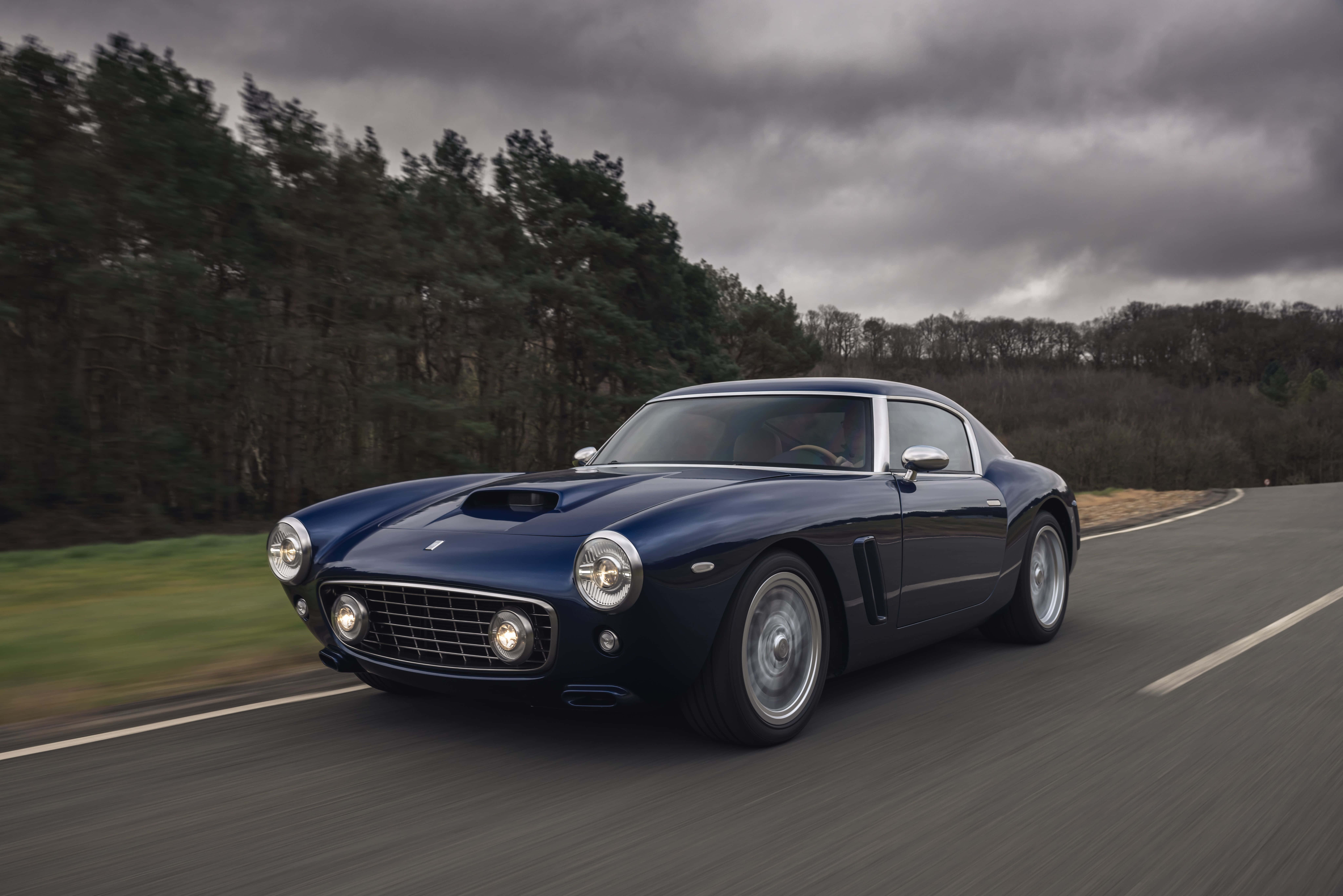 classic Ferrari, navy blue, winding road, 8K Desktop Wallpaper