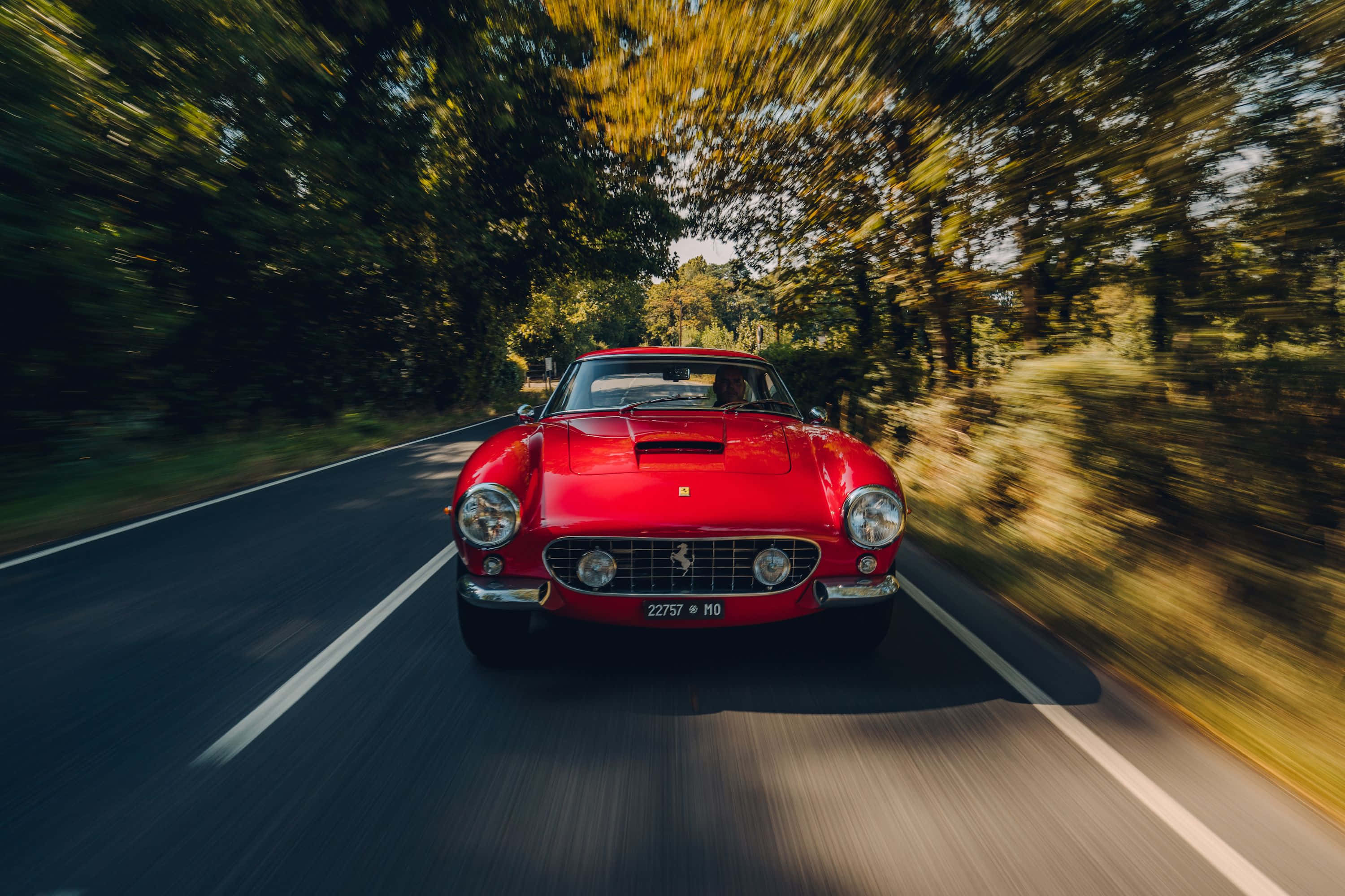 classic Ferrari, vibrant red, forest-lined road, 2K Desktop Wallpaper