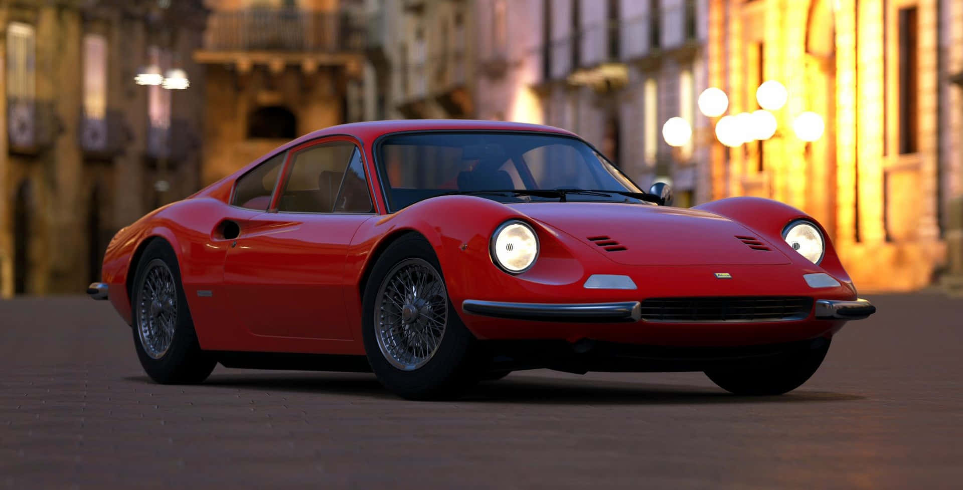 classic Ferrari, vibrant red, warm streetlights, Full HD Desktop Wallpaper