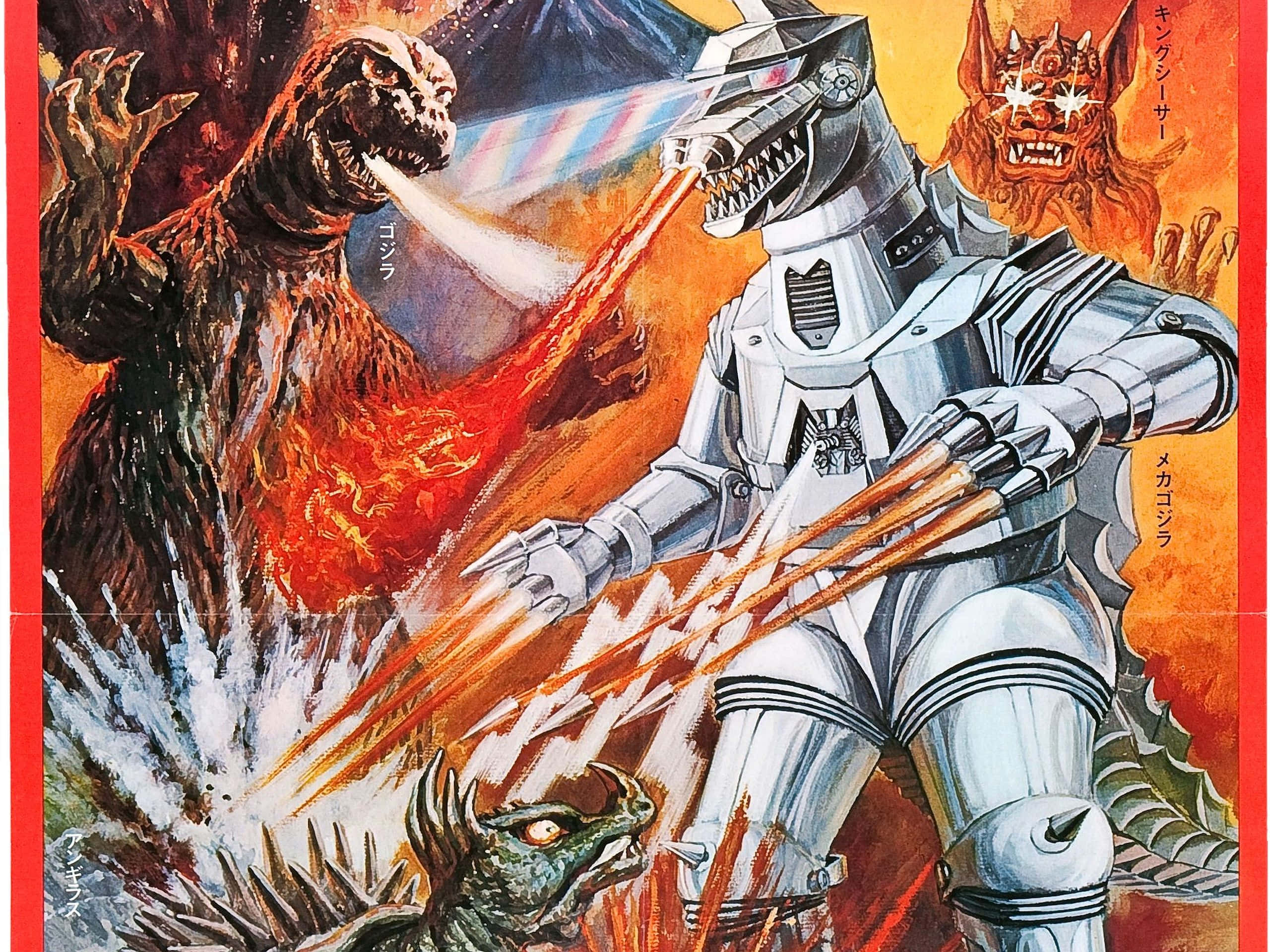 Classic Godzilla, lava, silver robot warrior, 2K Desktop Wallpaper