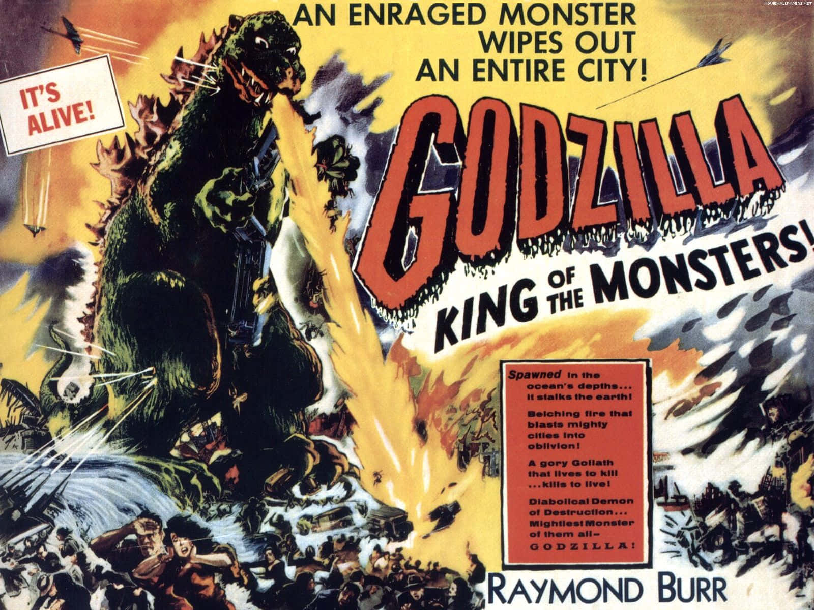 Classic Godzilla, roars, breathes fire, HD Desktop Wallpaper