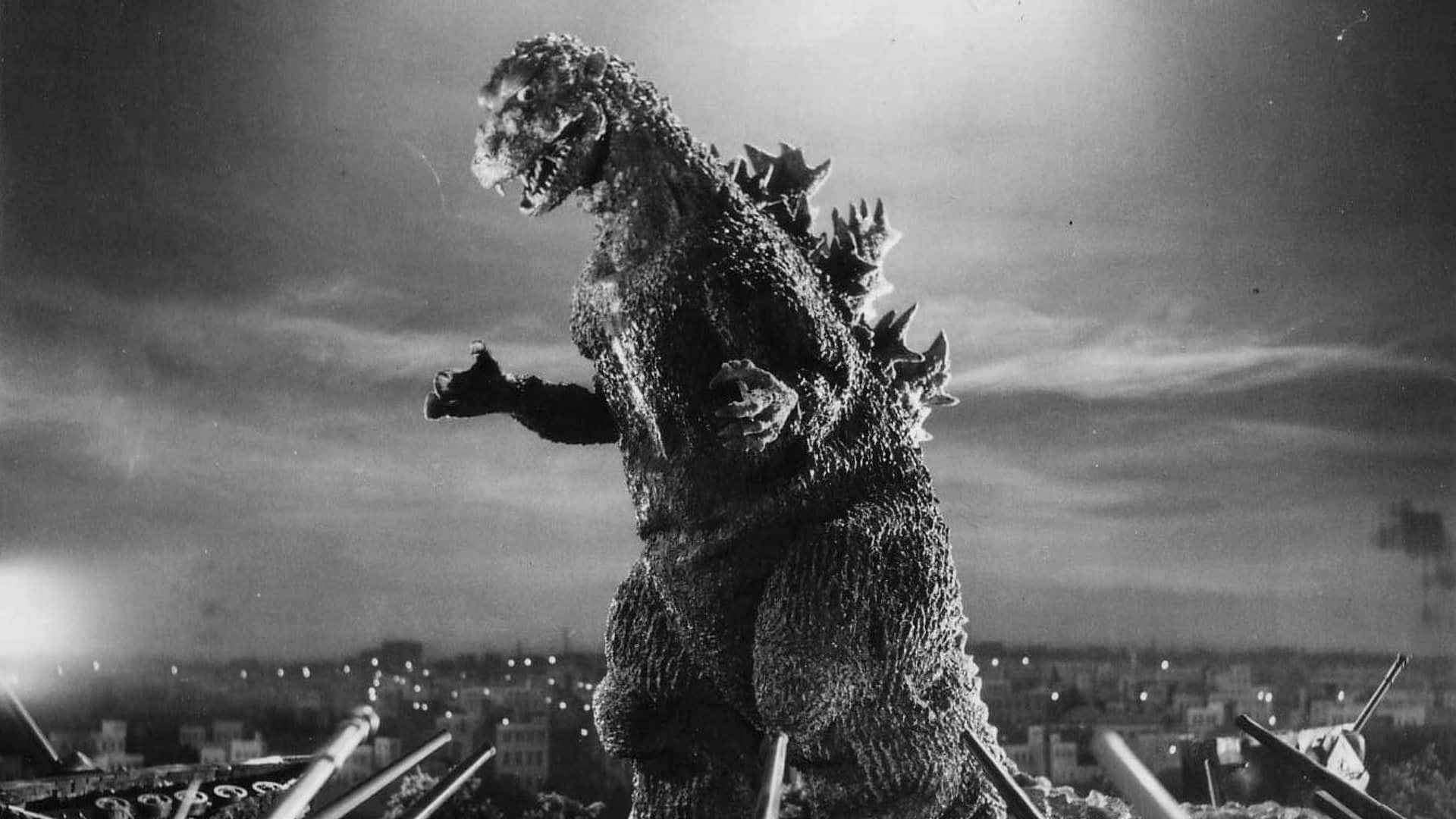 Classic Godzilla, ruined cityscape, night, Full HD Desktop Wallpaper