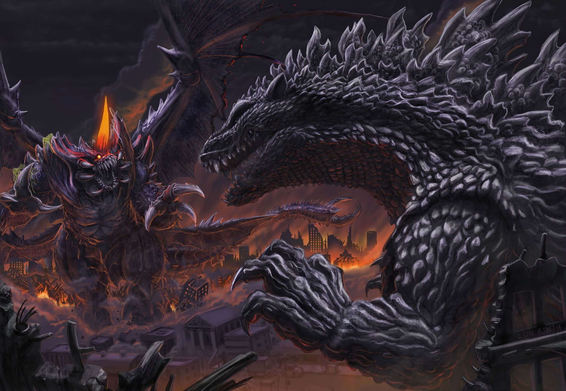 Classic Godzilla, city, fire, Full HD Desktop Wallpaper