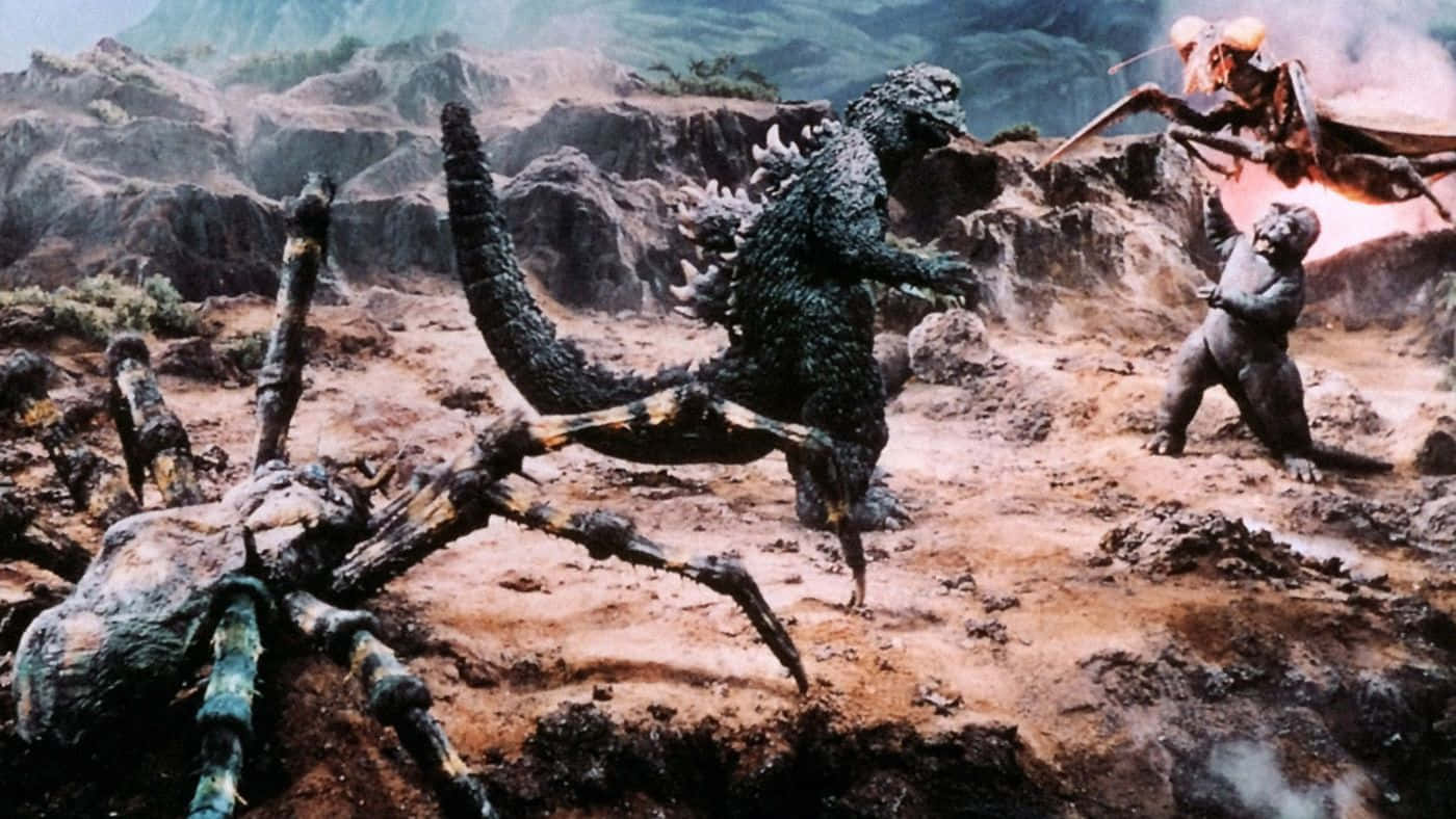 Classic Godzilla, giant spider, moth-like kaiju, HD Desktop Wallpaper