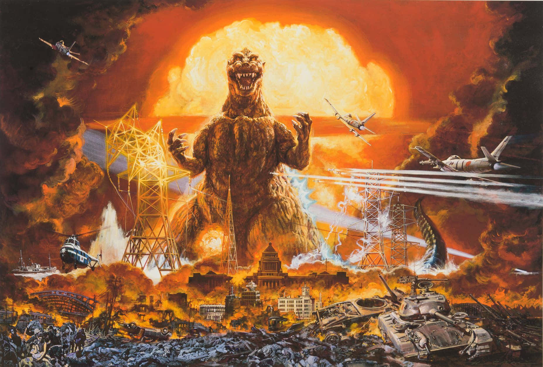 Classic Godzilla, cityscape, fiery apocalypse, HD Desktop Wallpaper