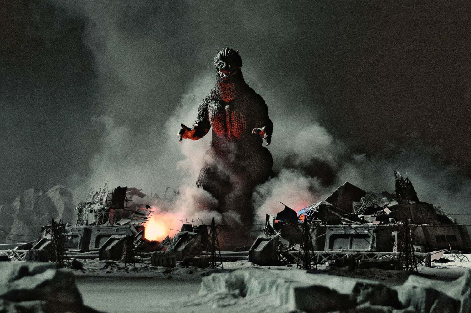 Classic Godzilla, city skyline, snow-covered ruins, HD Desktop Wallpaper