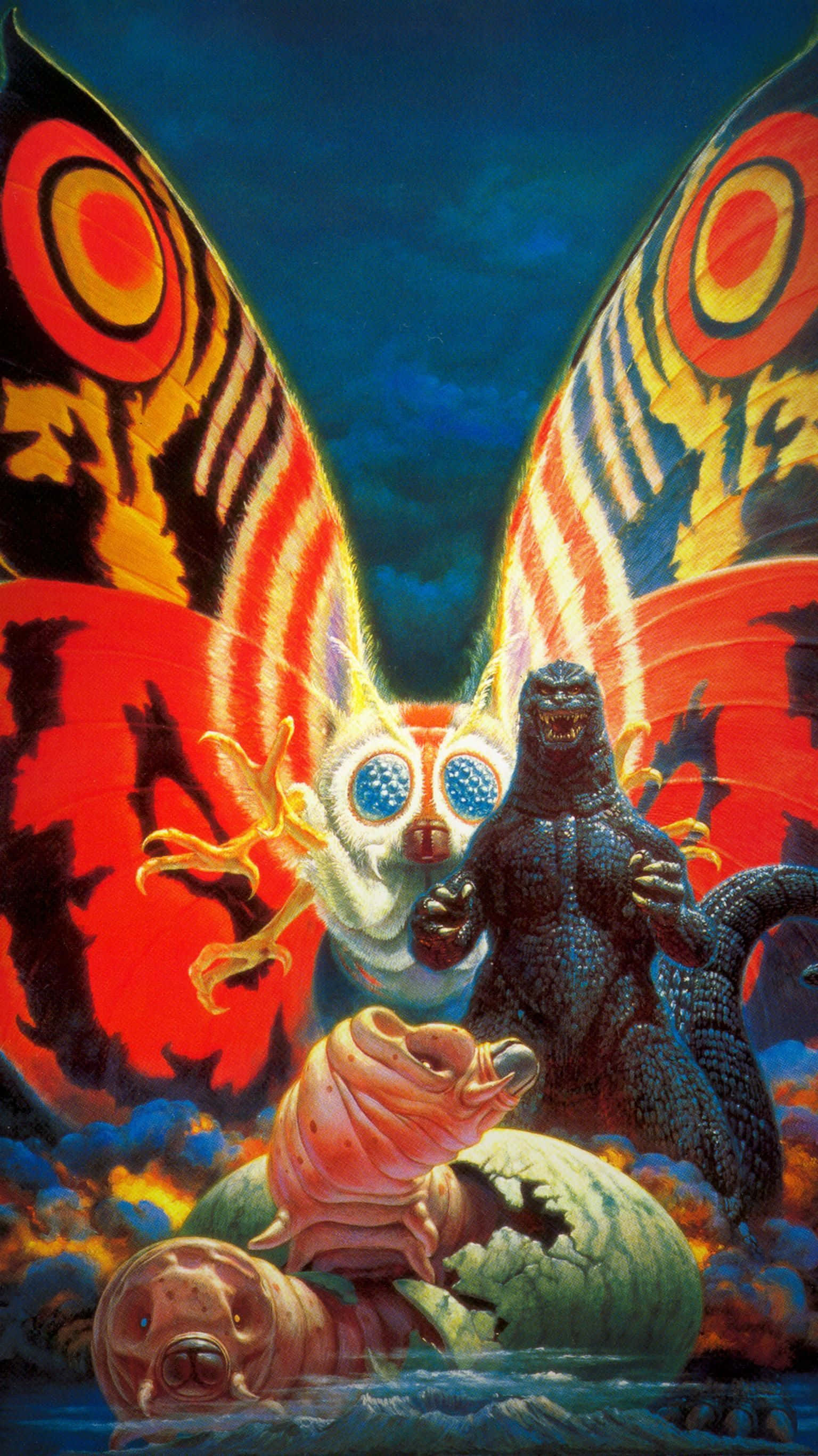 Classic Godzilla, Godzilla, colossal butterfly monster, 2K Phone Wallpaper