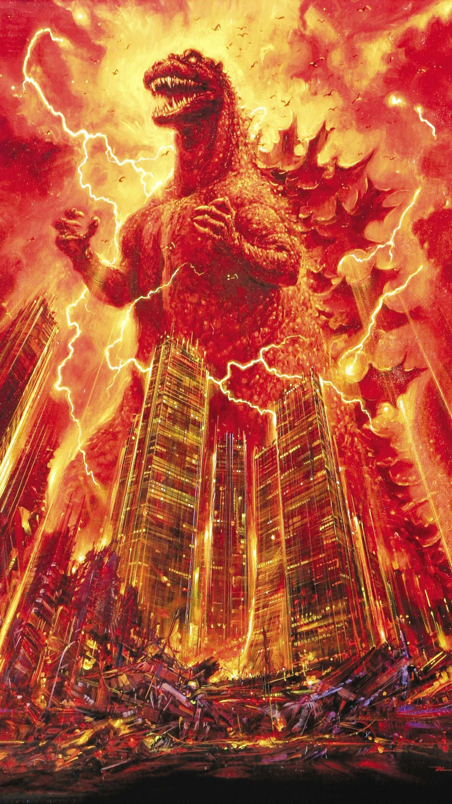 Classic Godzilla, Godzilla, fiery lightning, 2K Phone Wallpaper