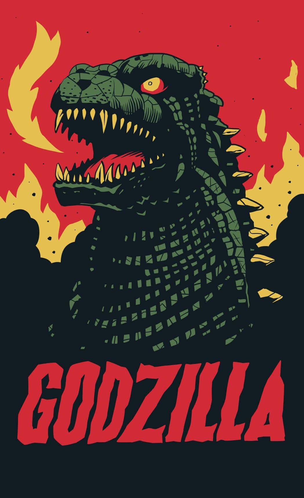 Classic Godzilla, green Godzilla, fiery red and yellow background, HD Phone Wallpaper