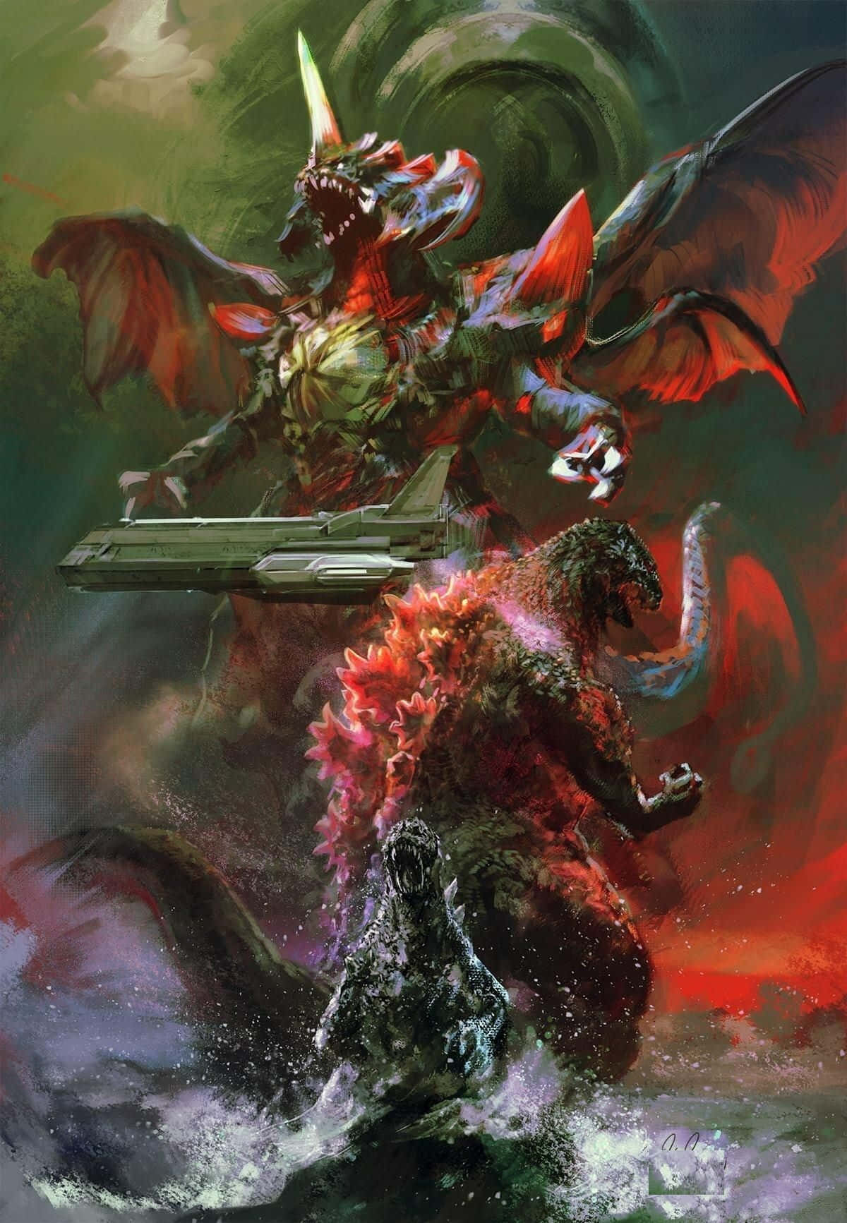 Classic Godzilla, colossal dragon-like kaiju, red wings, HD Phone Wallpaper