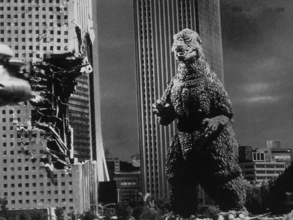 Classic Godzilla, giant monster, shattered skyscrapers, SD Desktop Wallpaper
