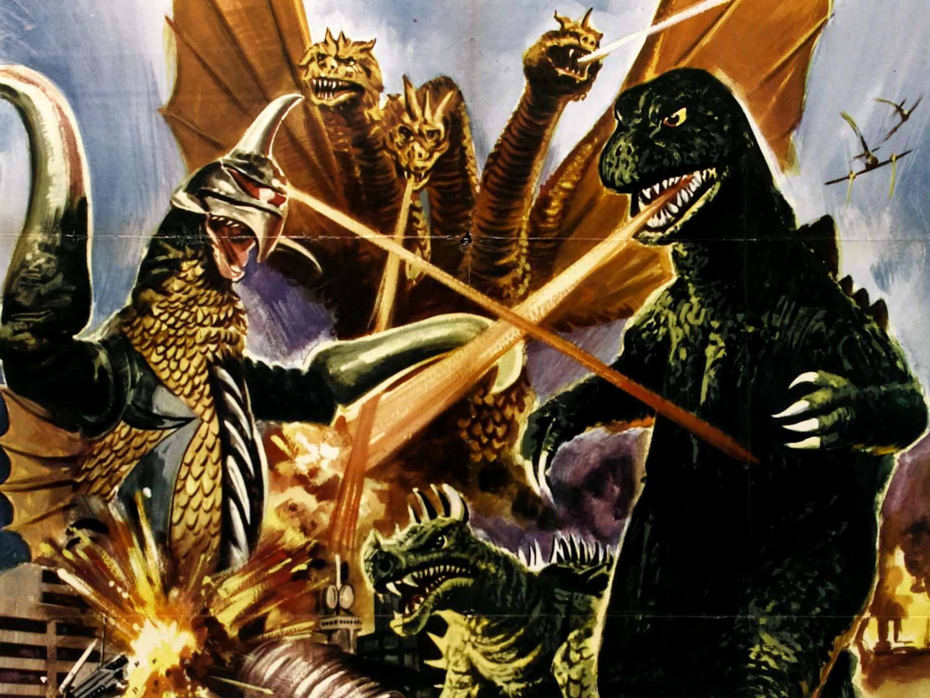 Classic Godzilla, kaiju monsters, fiery explosions, HD Desktop Wallpaper