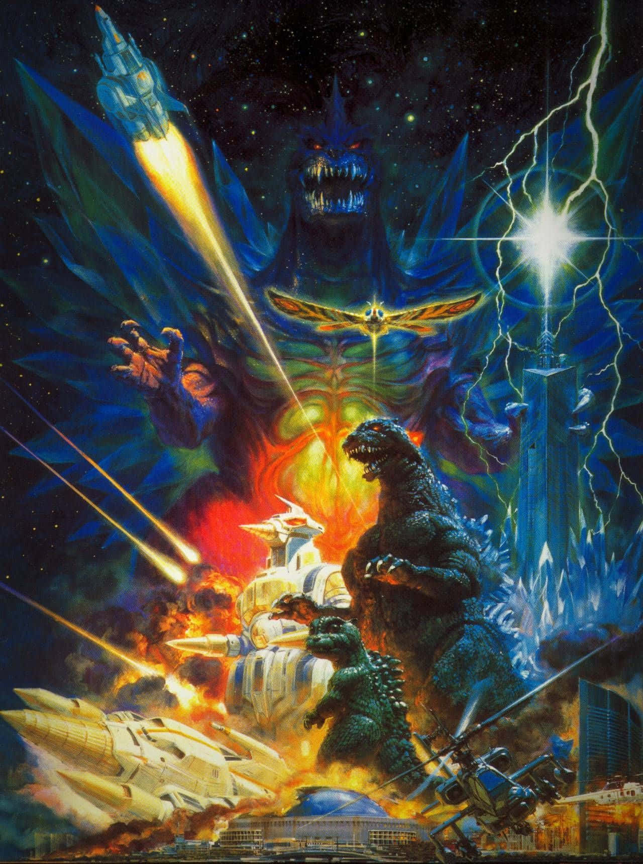 Classic Godzilla, iconic menacing pose, burning city, HD Phone Wallpaper