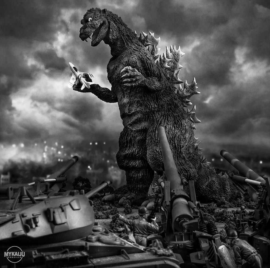 Godzilla 1954, monochrome, tanks, SD Desktop Wallpaper