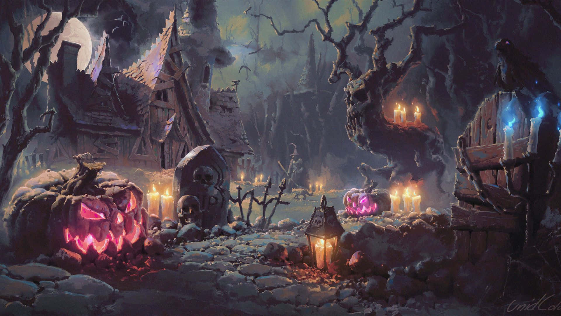 Halloween, jack-o'-lanterns, haunted house, Full HD Desktop Wallpaper