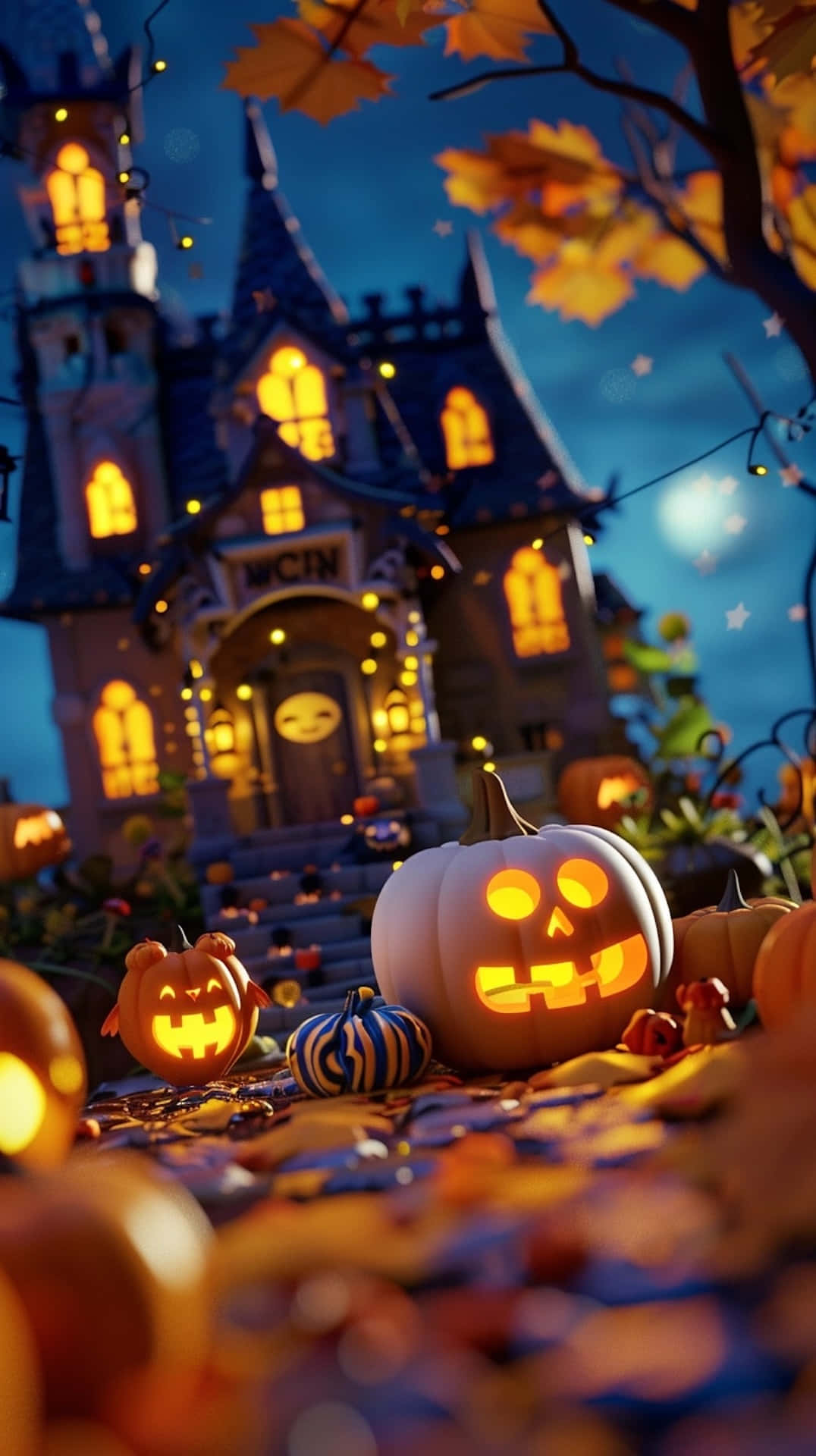 enchanted halloween castle night, jack-o'-lantern, autumn leaves, Full HD Phone Wallpaper