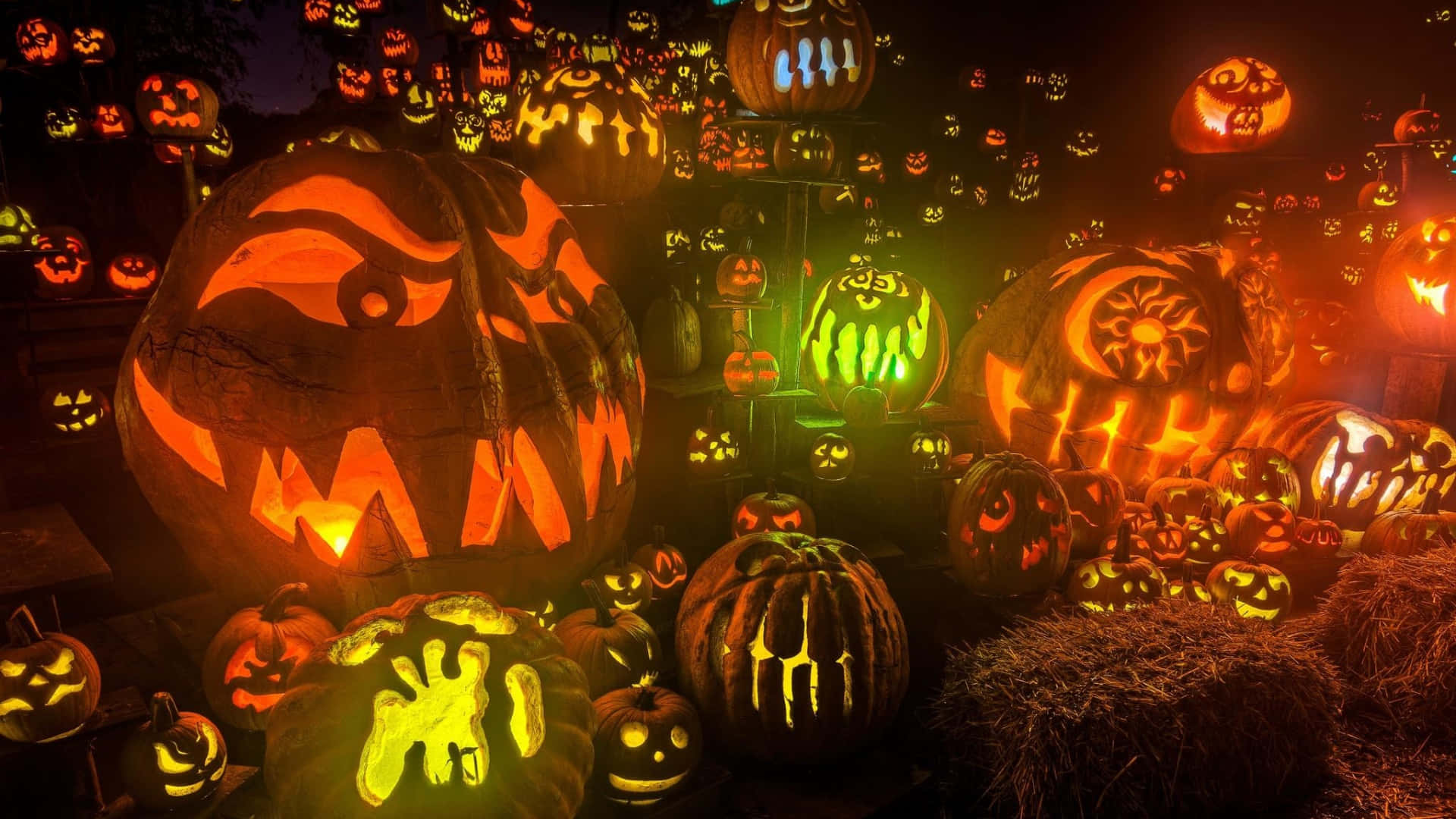 1920 x 1080, Halloween, glowing jack-o'-lanterns, Full HD Desktop Wallpaper