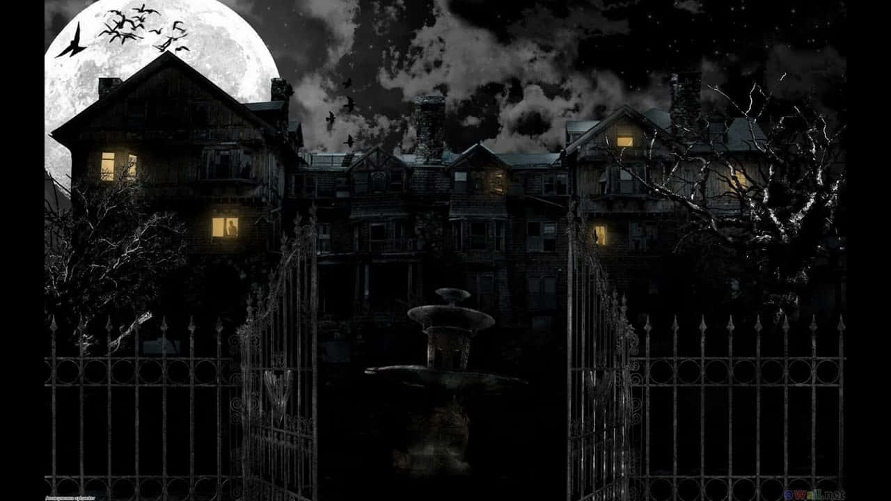 haunted mansion, full moon, glowing windows, HD Desktop Wallpaper