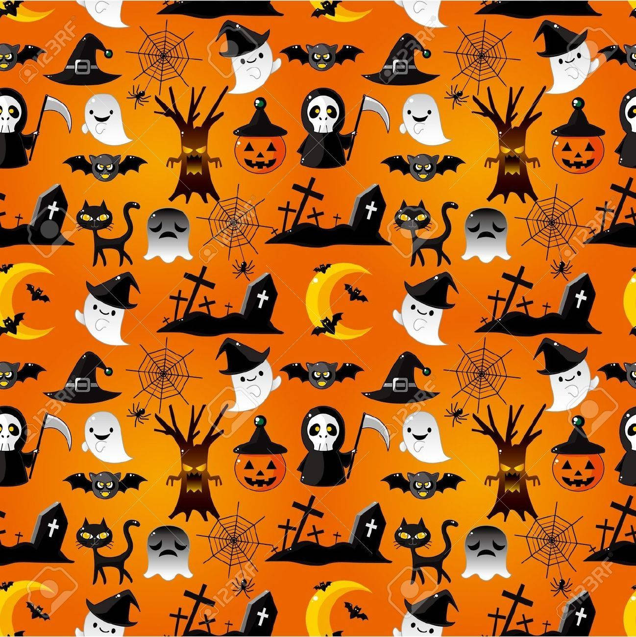 Kawaii Halloween Graveyard, vibrant orange, cute ghosts, HD Phone Wallpaper
