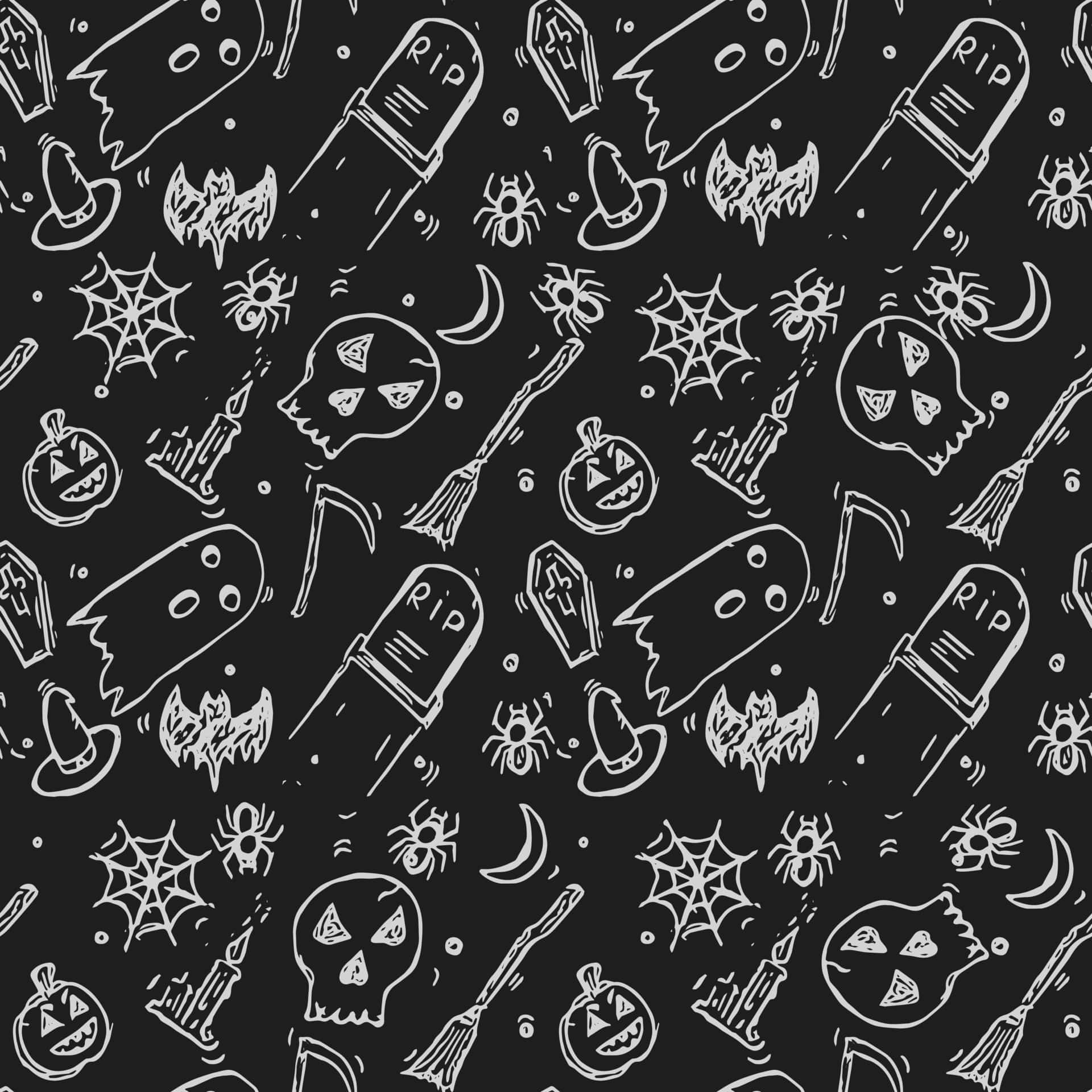 Halloween Pattern, black background, white chalk-style, Full HD Desktop Wallpaper