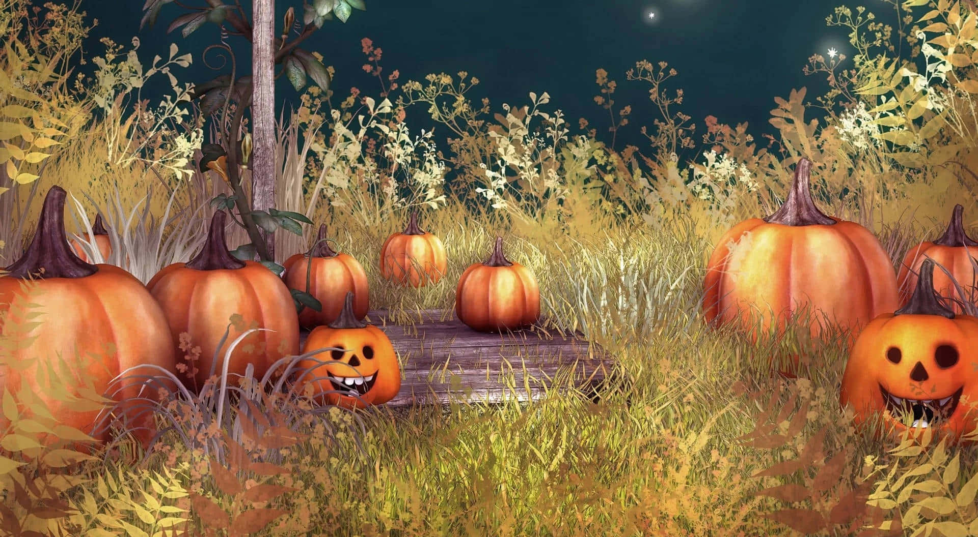 enchanted halloween pumpkin patch, glowing jack-o'-lanterns, golden grass, Full HD Desktop Wallpaper