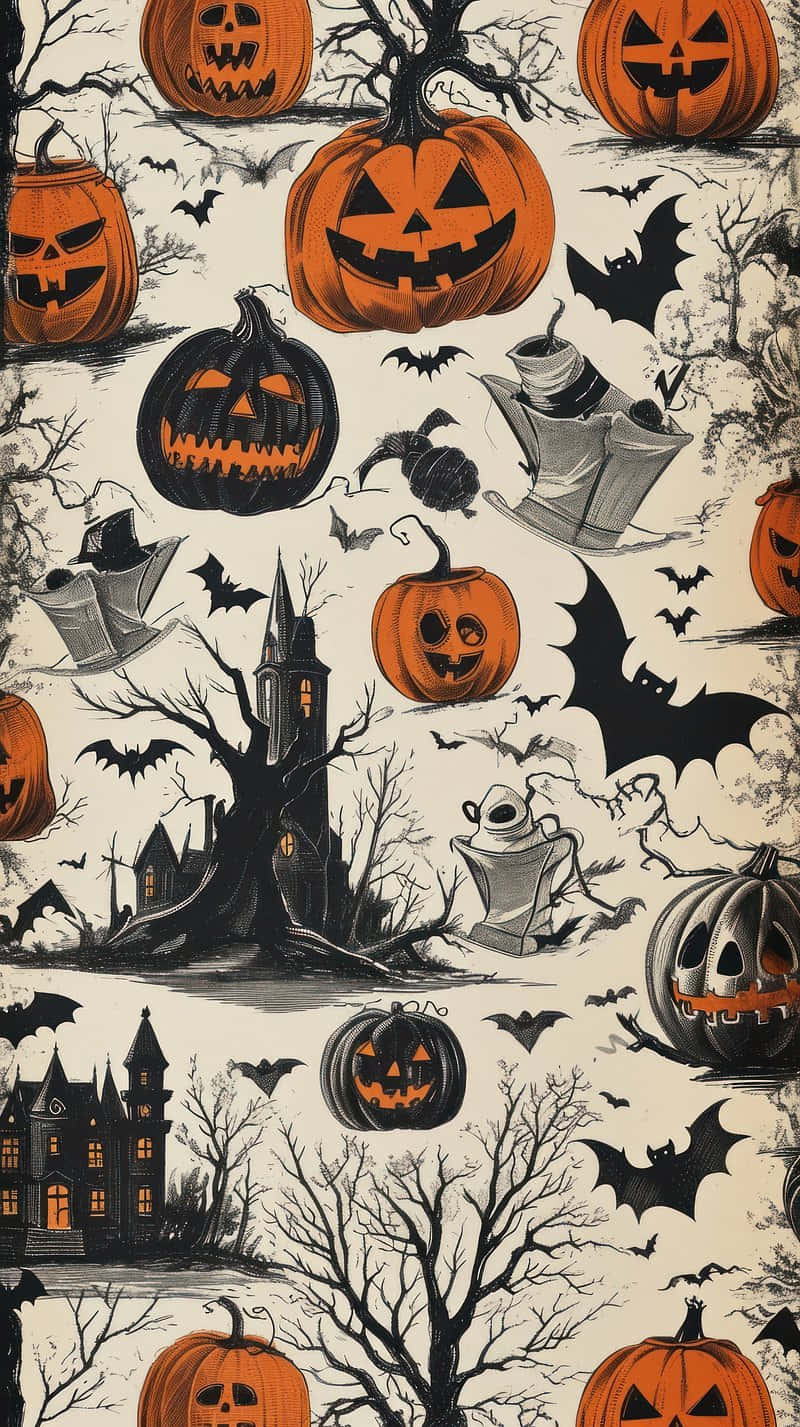 Retro Halloween Pattern, vintage style, orange jack-o'-lanterns, HD Phone Wallpaper