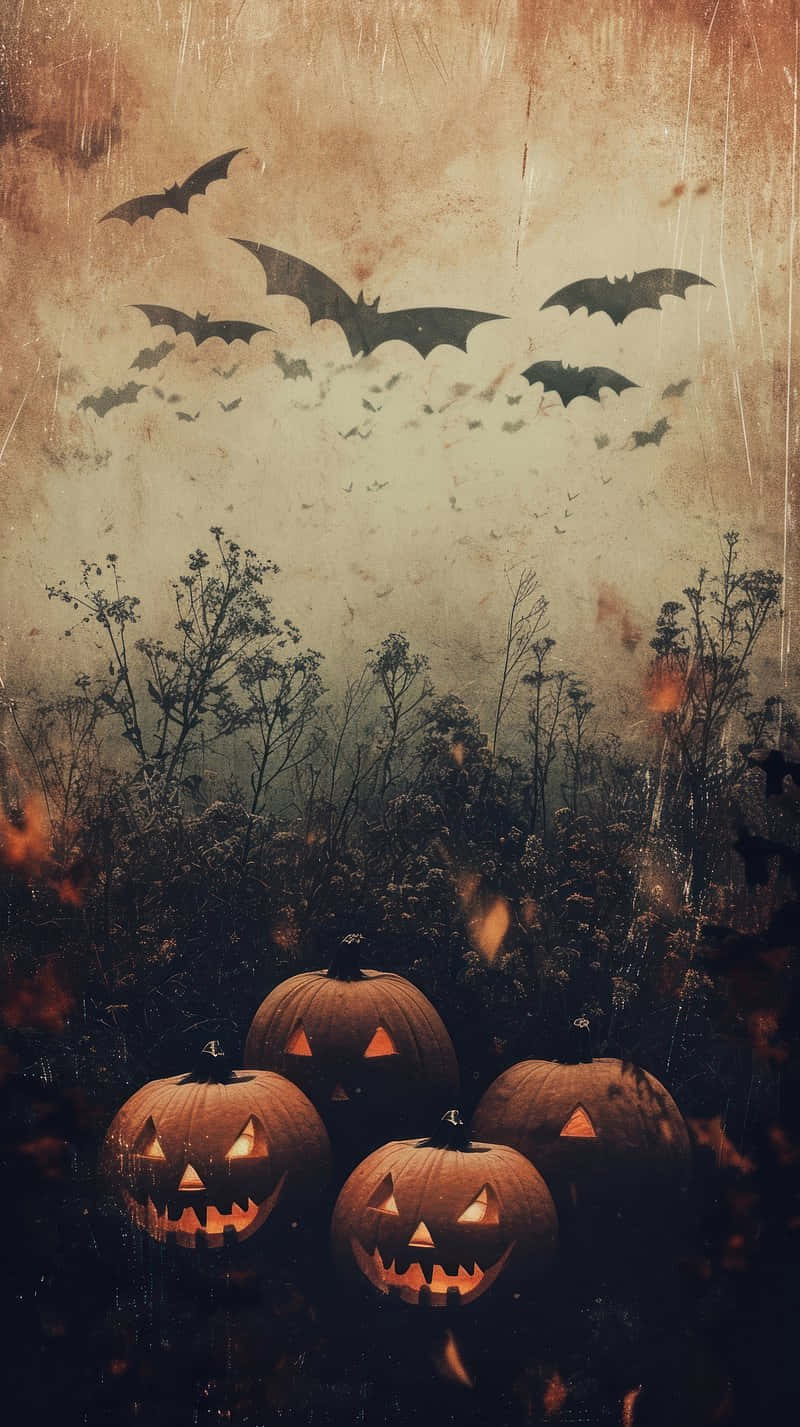jack-o-lanterns, bats, dark field, HD Phone Wallpaper