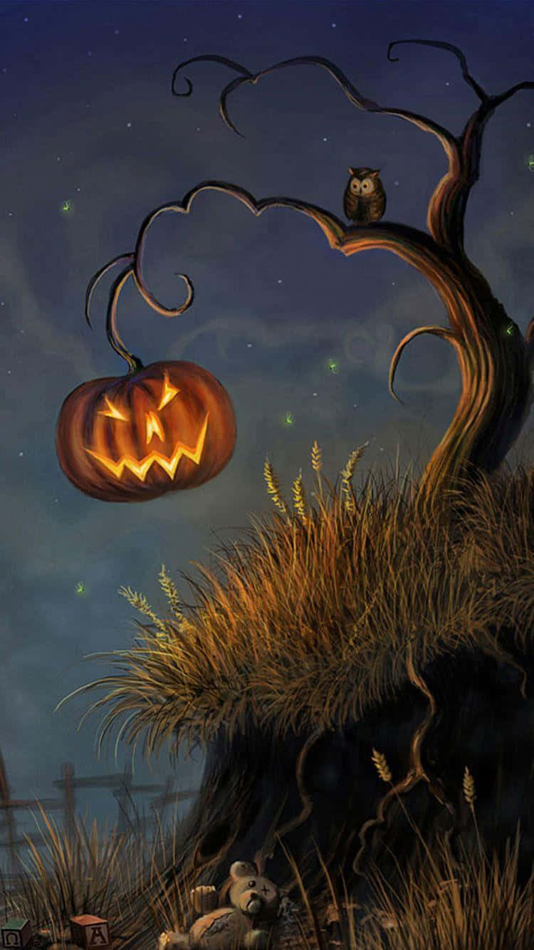 jack-o'-lantern, twisted tree branch, starry night sky, HD Phone Wallpaper
