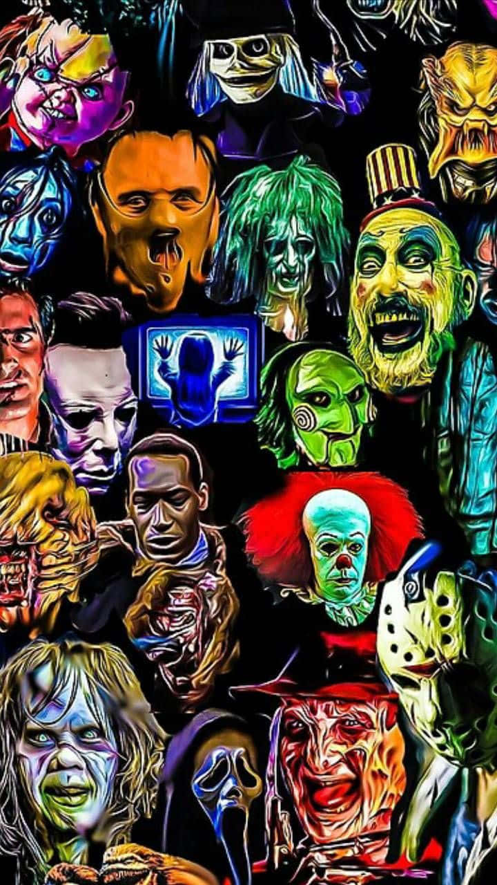 iconic horror characters, collage, exaggerated colors, HD Phone Wallpaper