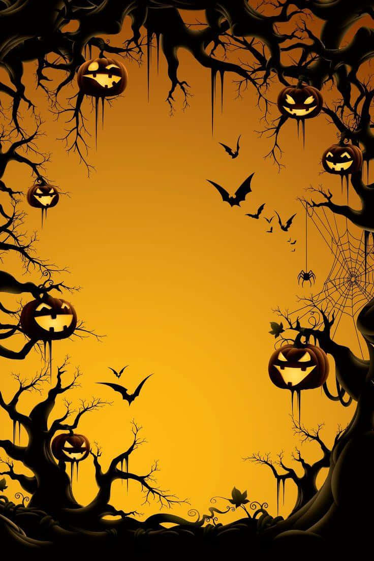 Halloween, pumpkin silhouettes, glowing orange sky, SD Phone Wallpaper