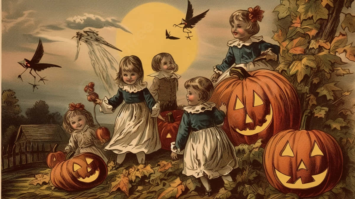 Vintage Halloween, children in period dresses, carved jack-o-lanterns, SD Desktop Wallpaper