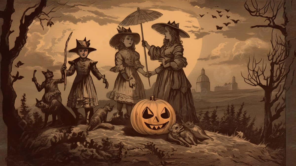 vintage witch hats, carved pumpkin, cats, SD Desktop Wallpaper