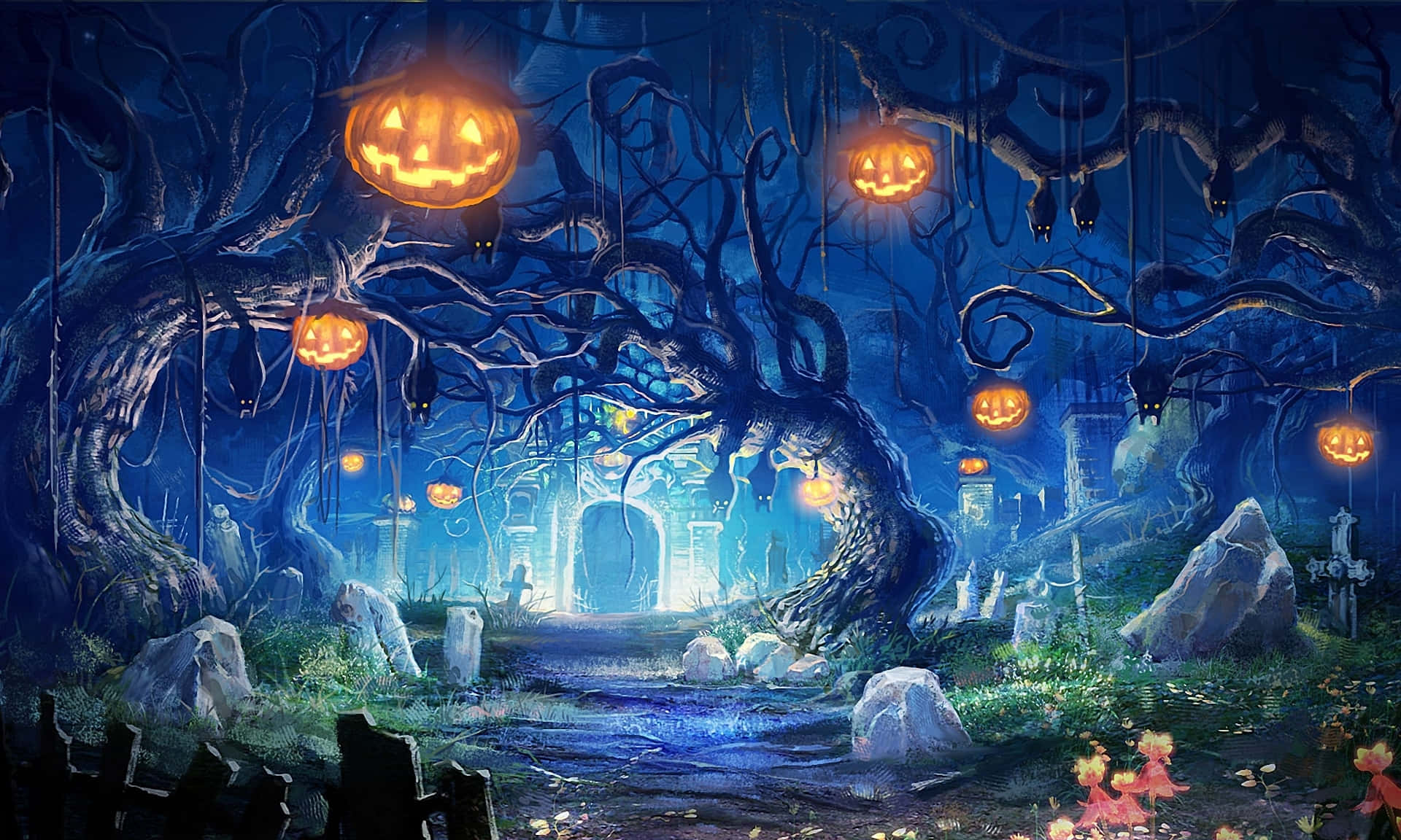 1920 x 1080, Halloween forest, glowing jack-o-lanterns, Full HD Desktop Wallpaper