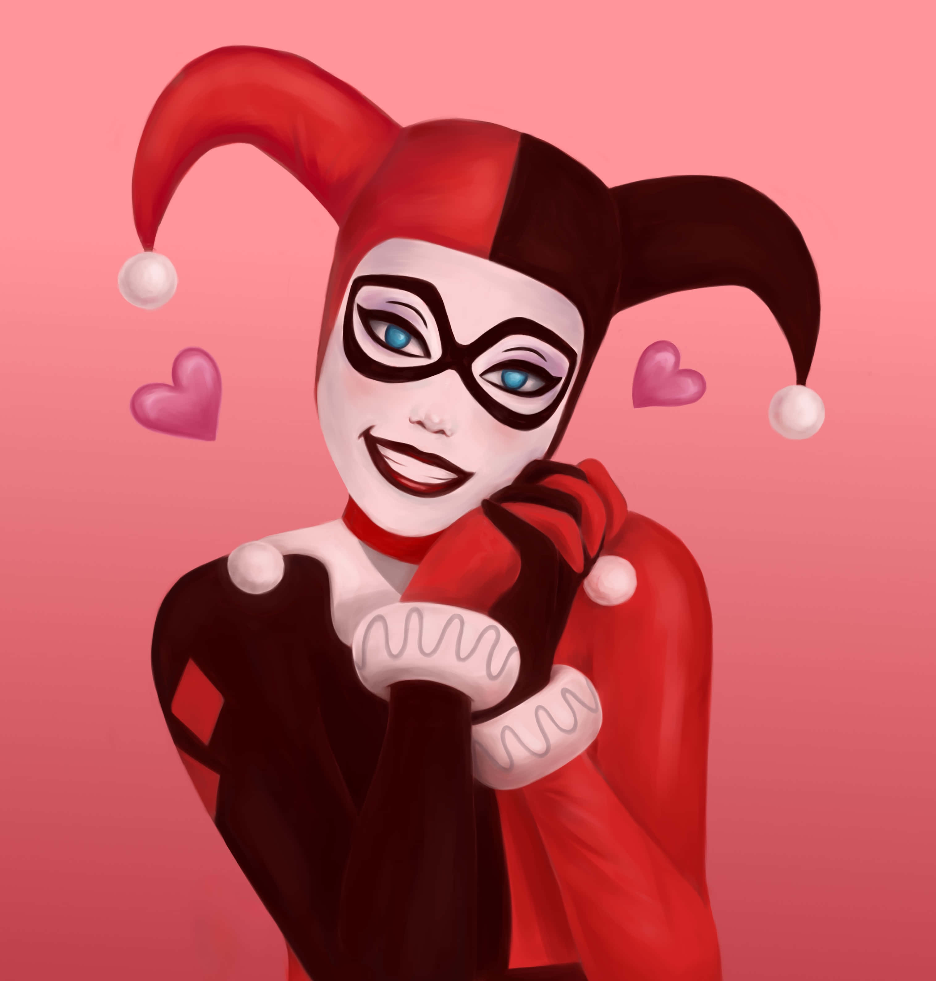 Classic Harley Quinn, jester outfit, pink background, 2K Phone Wallpaper