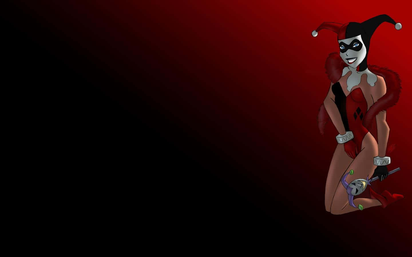 Classic Harley Quinn, red and black jester outfit, gradient red and black background, HD Desktop Wallpaper