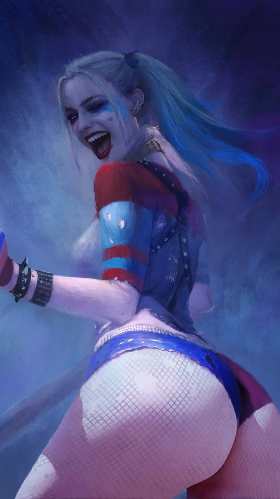 Harley Quinn, red blue outfit, smoky purple background, Full HD Phone Wallpaper