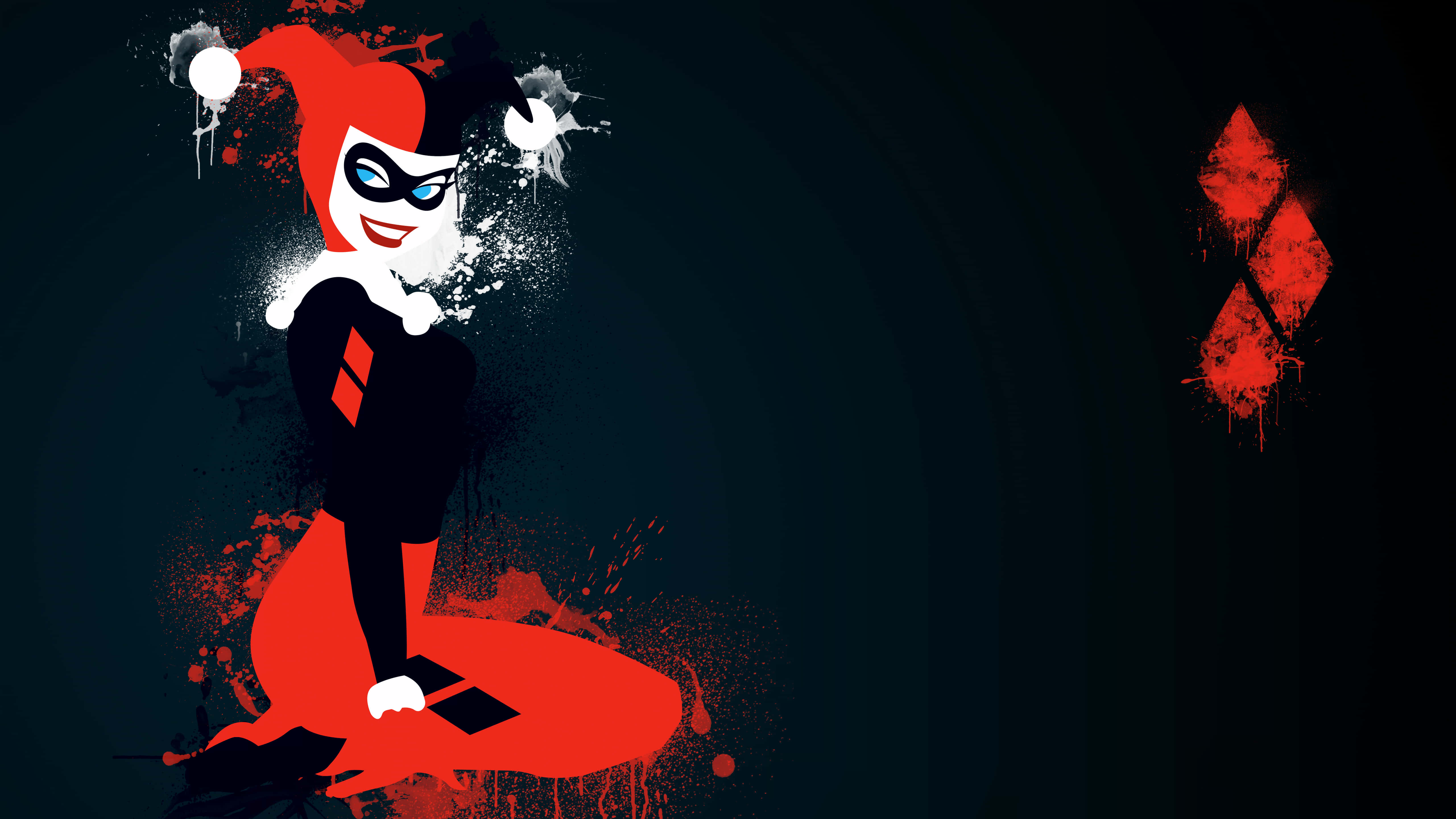 Harley Quinn, red and black jester outfit, splattered paint effects, 5K Desktop Wallpaper
