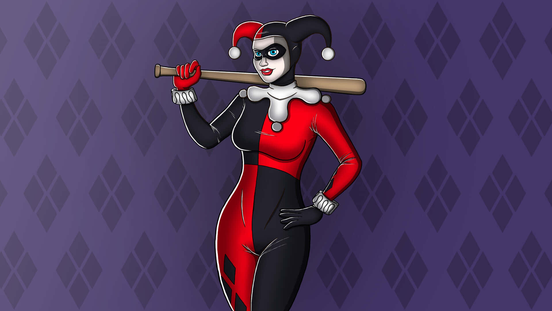 Classic Harley Quinn, red and black jester outfit, baseball bat, Full HD Desktop Wallpaper