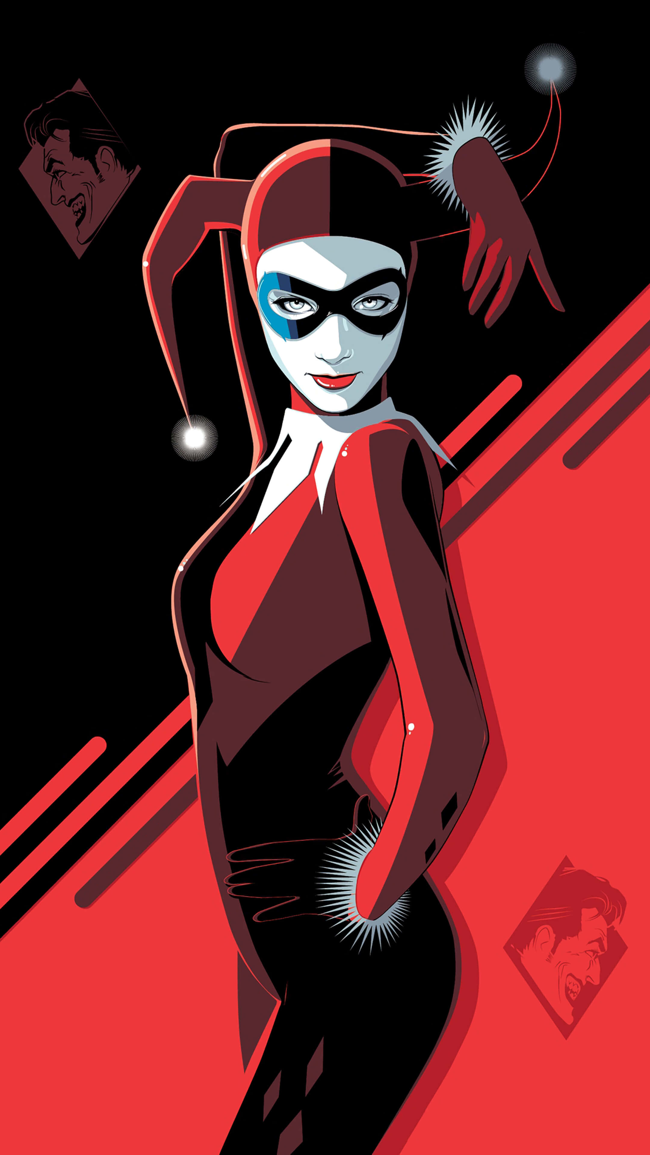 Classic Harley Quinn, red and black jester outfit, stark red and black background, 4K Phone Wallpaper