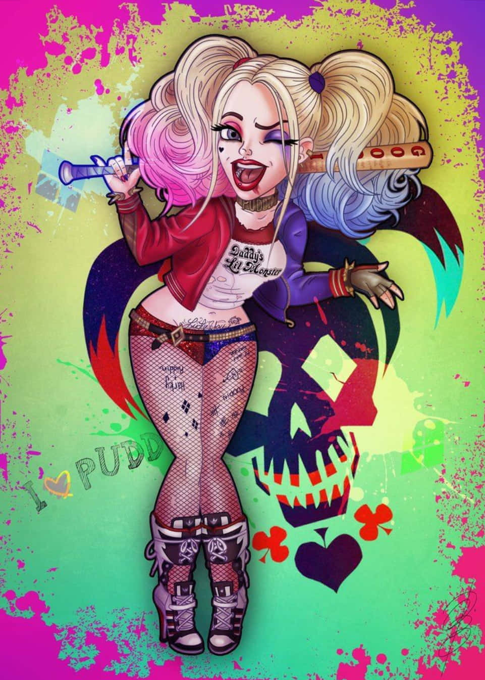 Harley Quinn, baseball bat, pink and blue pigtails, HD Phone Wallpaper