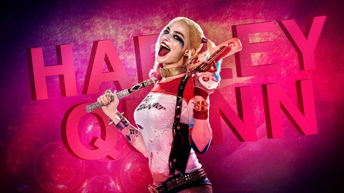 Harley Quinn, baseball bat, vibrant pink and purple background, SD Desktop Wallpaper