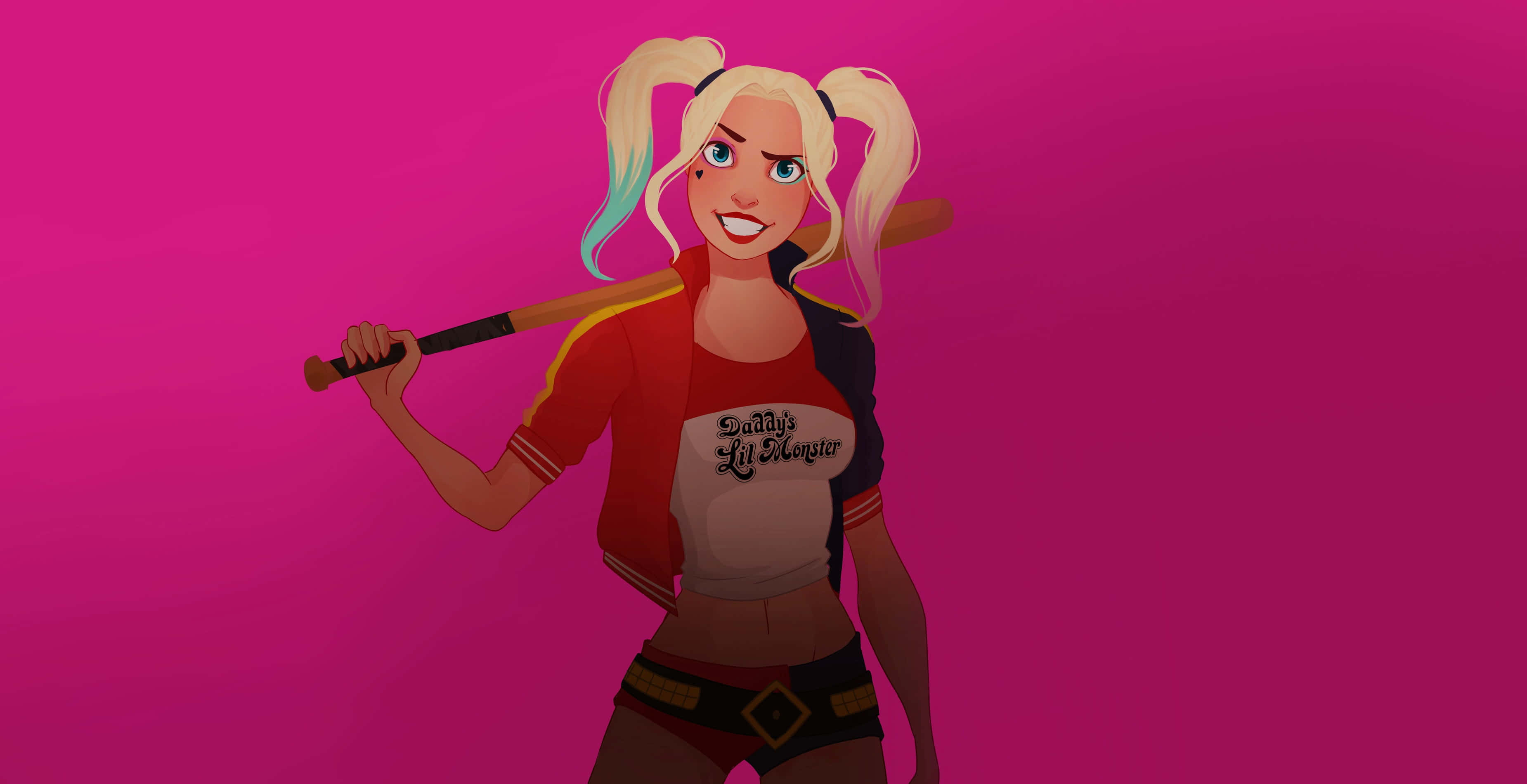Harley Quinn, baseball bat, vibrant pink background, 2K Desktop Wallpaper