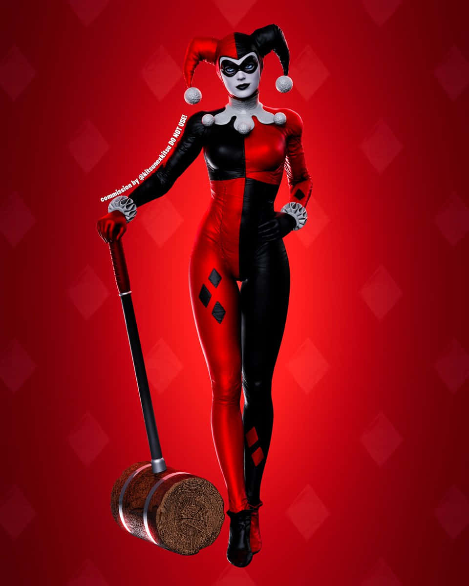 Classic Harley Quinn, red and black jester outfit, large mallet, SD Phone Wallpaper