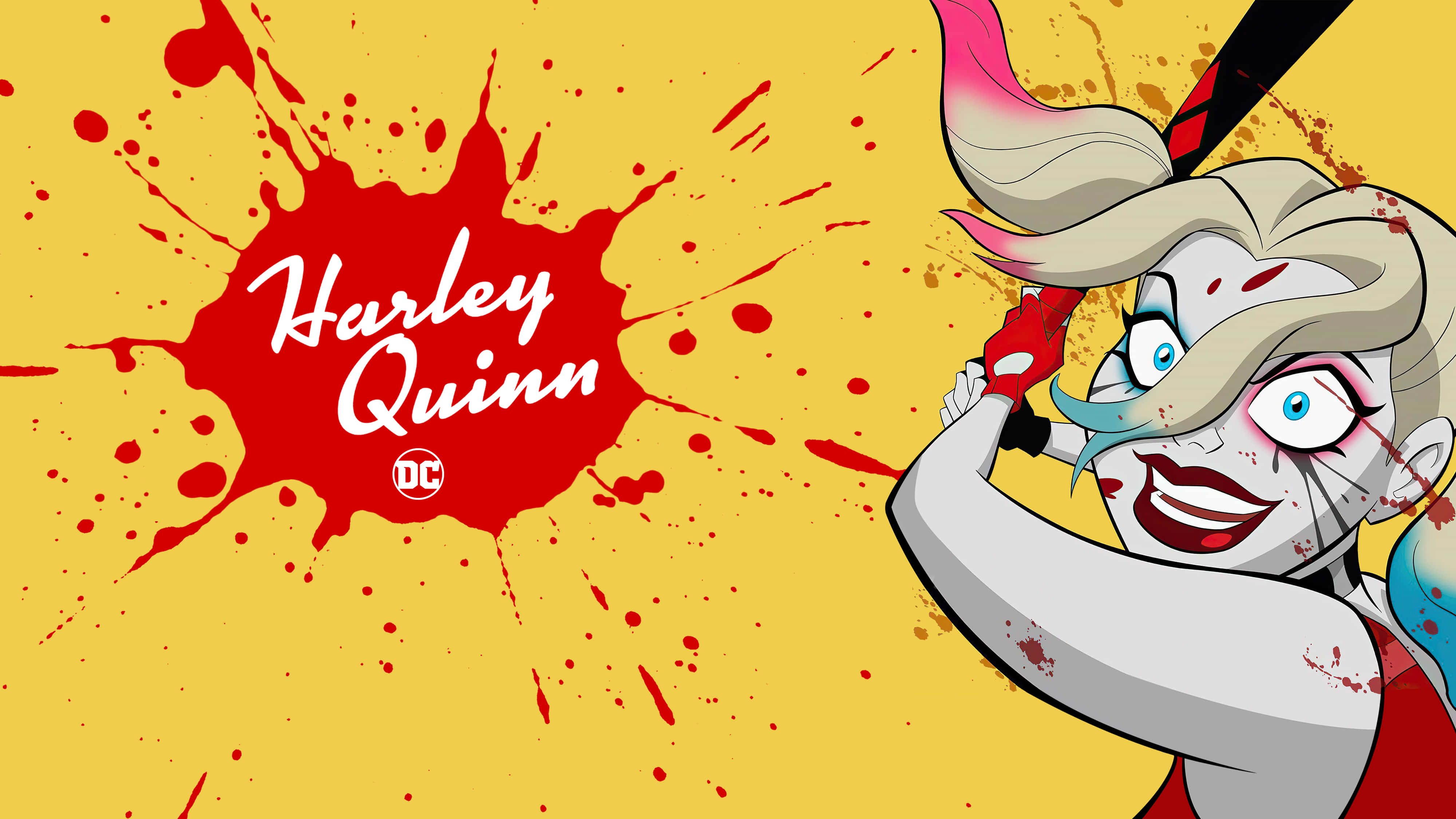 Harley Quinn, anime series, yellow background, 4K Desktop Wallpaper