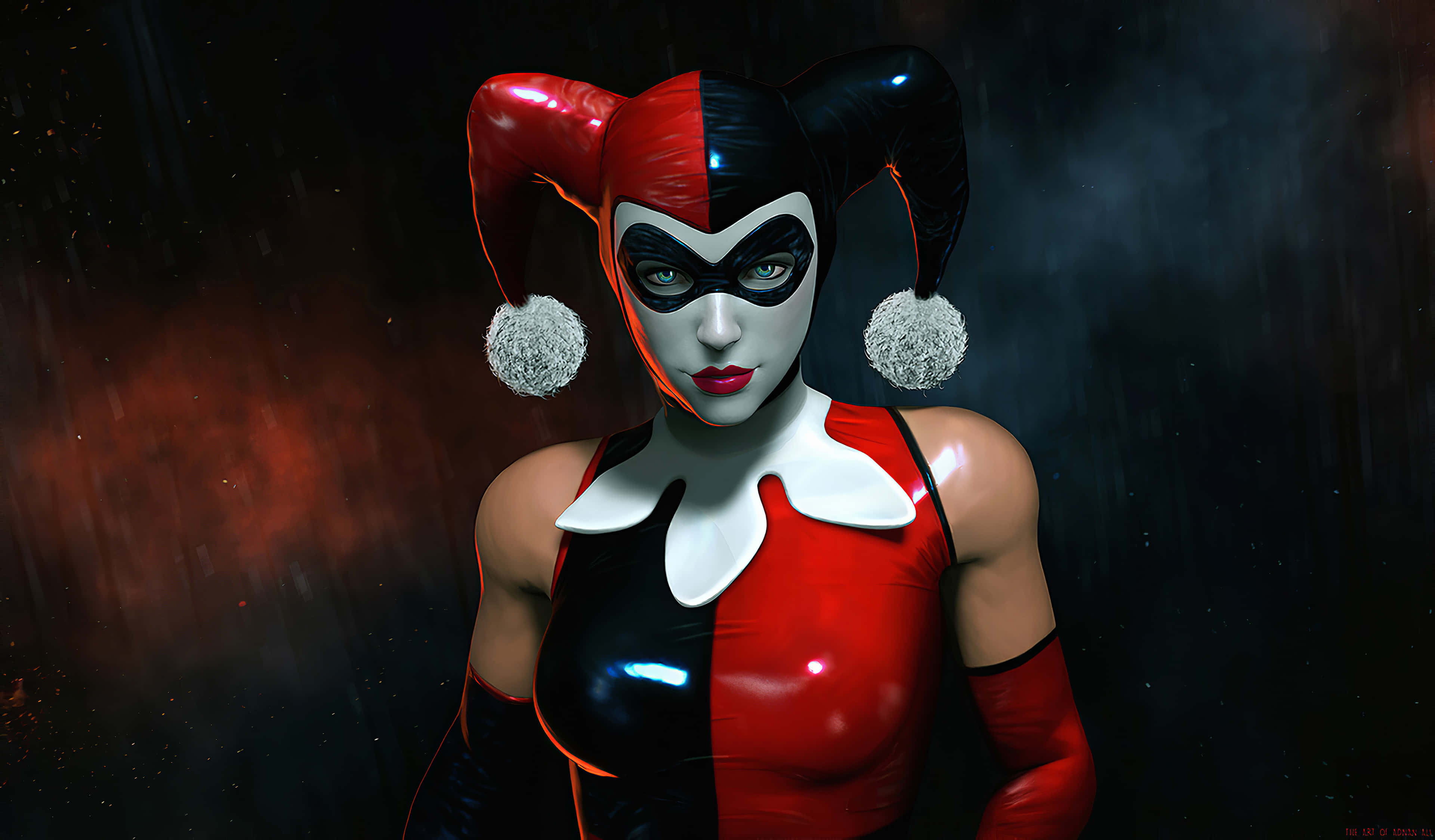 Harley Quinn, red and black jester outfit, dark smoky background, 4K Desktop Wallpaper