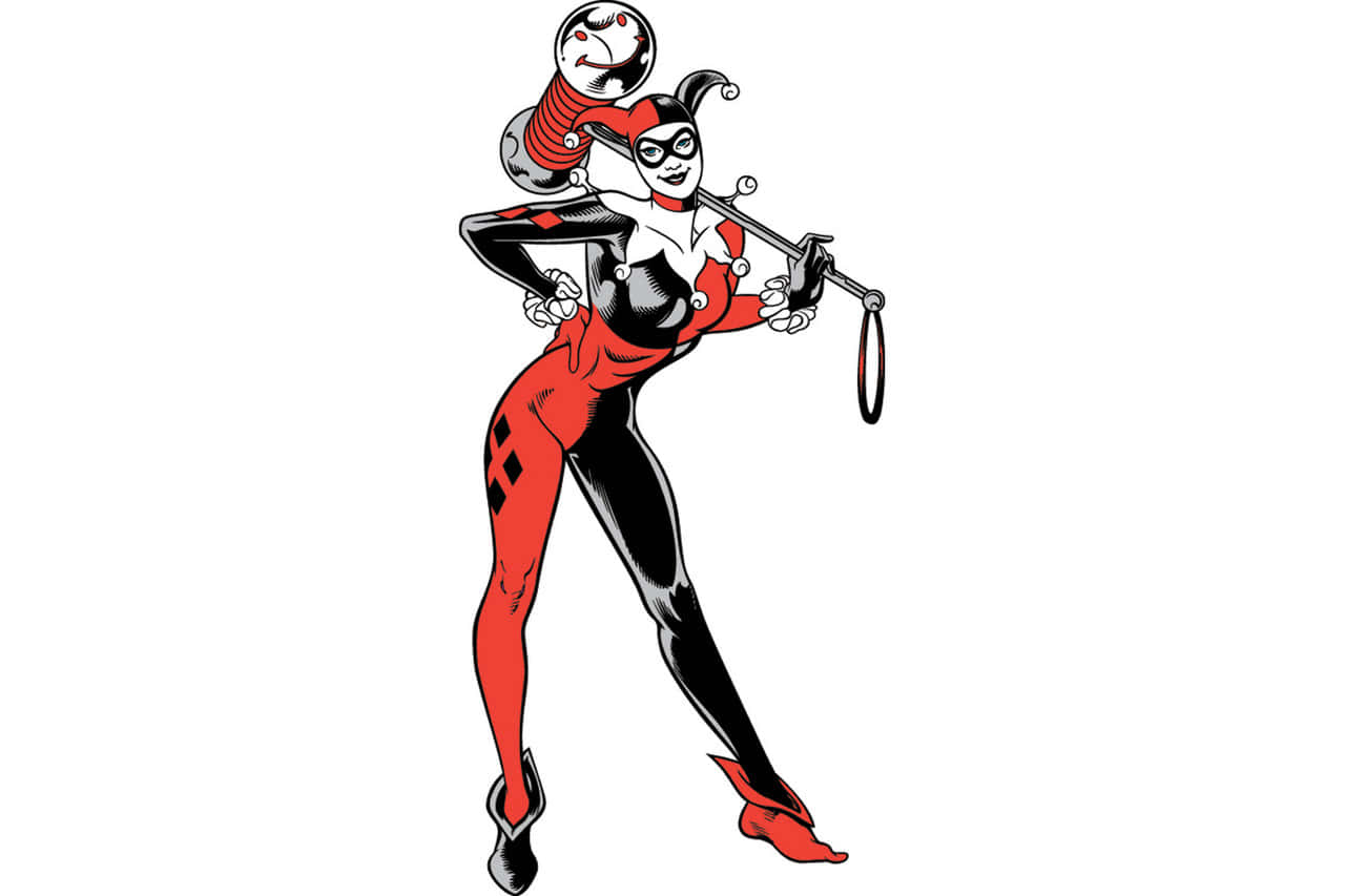 Classic Harley Quinn, red and black jester outfit, baton, HD Desktop Wallpaper