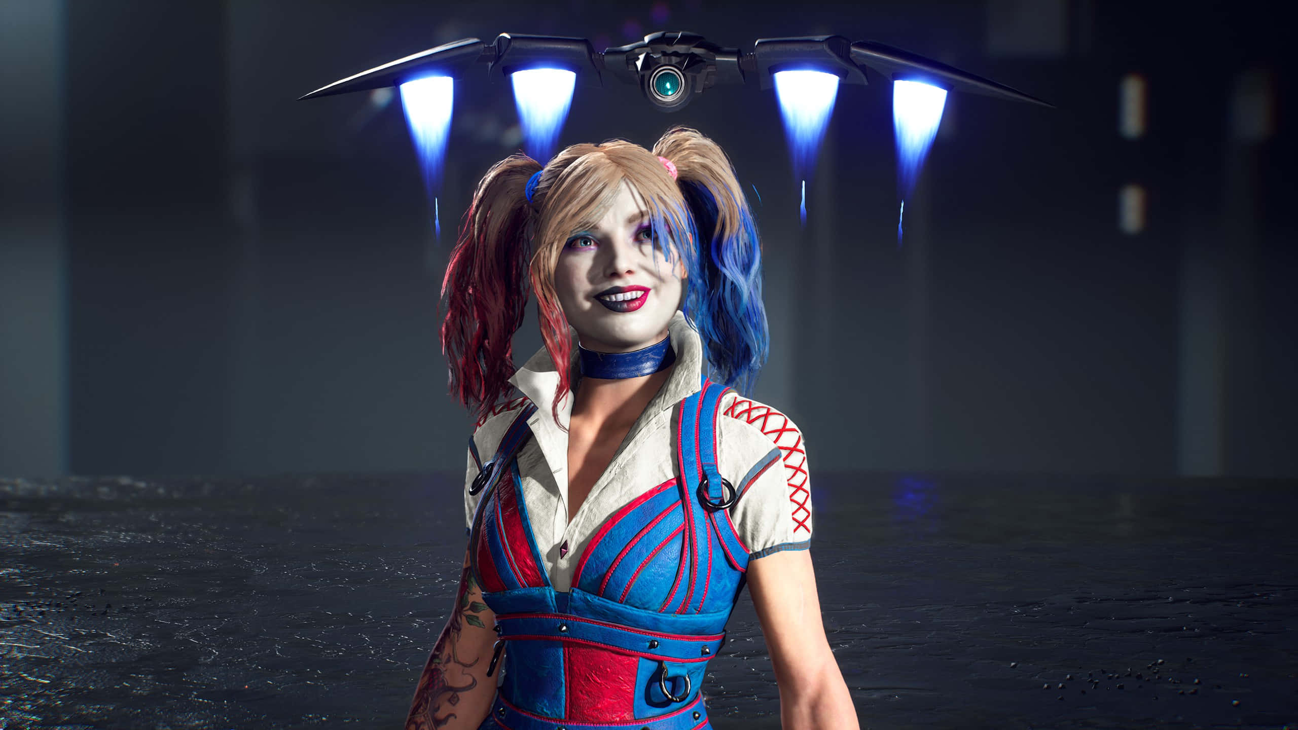 Harley Quinn, drone, glowing blue lights, 2K Desktop Wallpaper