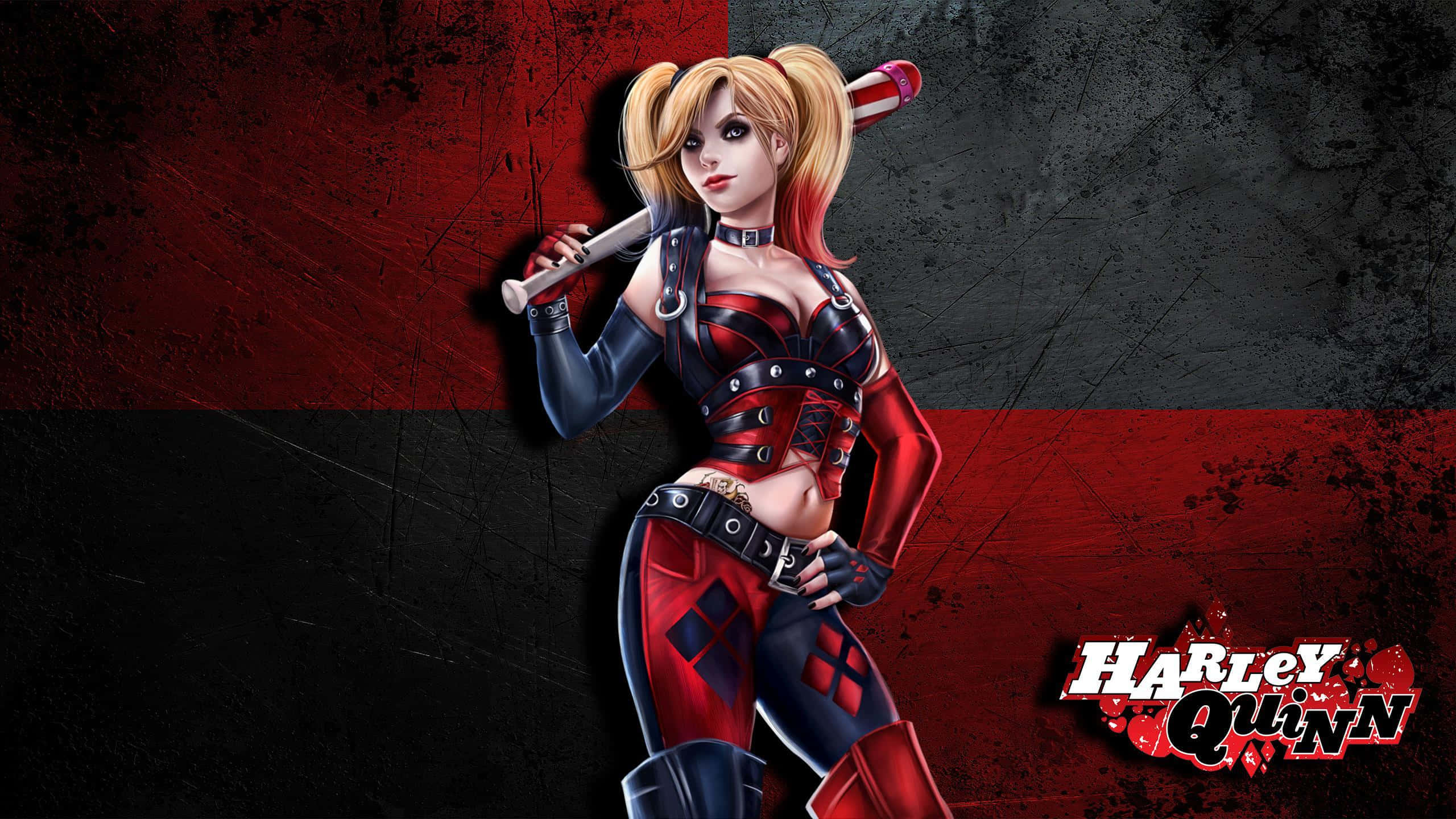 Classic Harley Quinn, red black costume, baseball bat, 2K Desktop Wallpaper