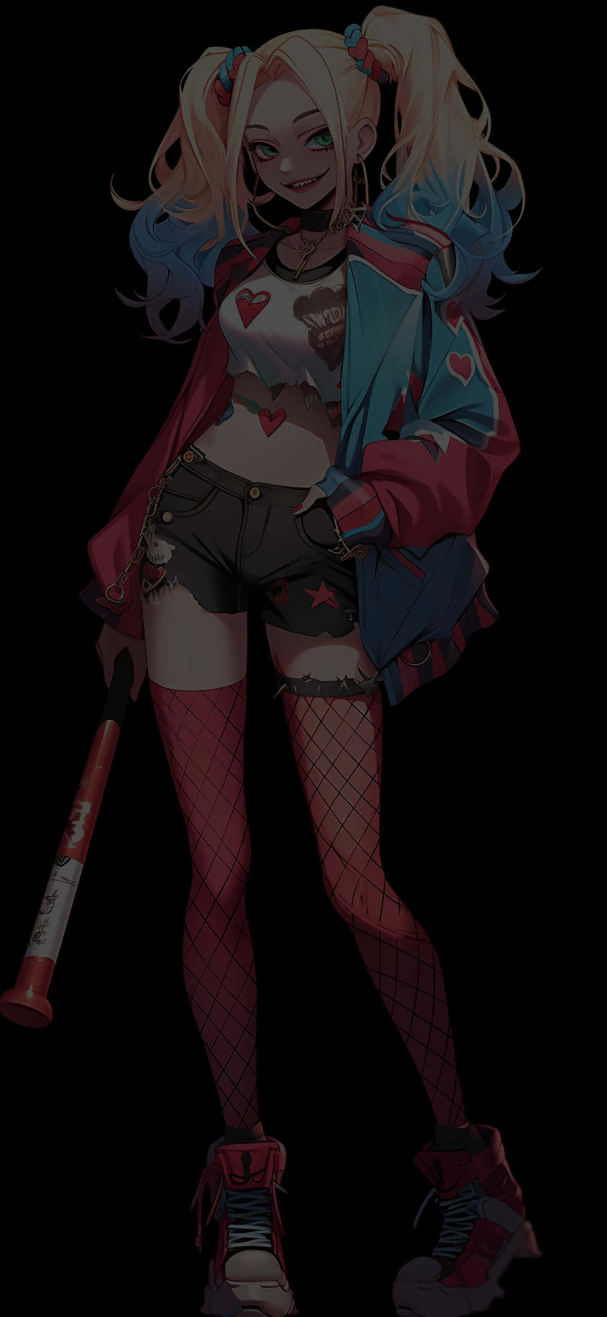 Harley Quinn, anime style, blonde and blue pigtails, 2K Phone Wallpaper